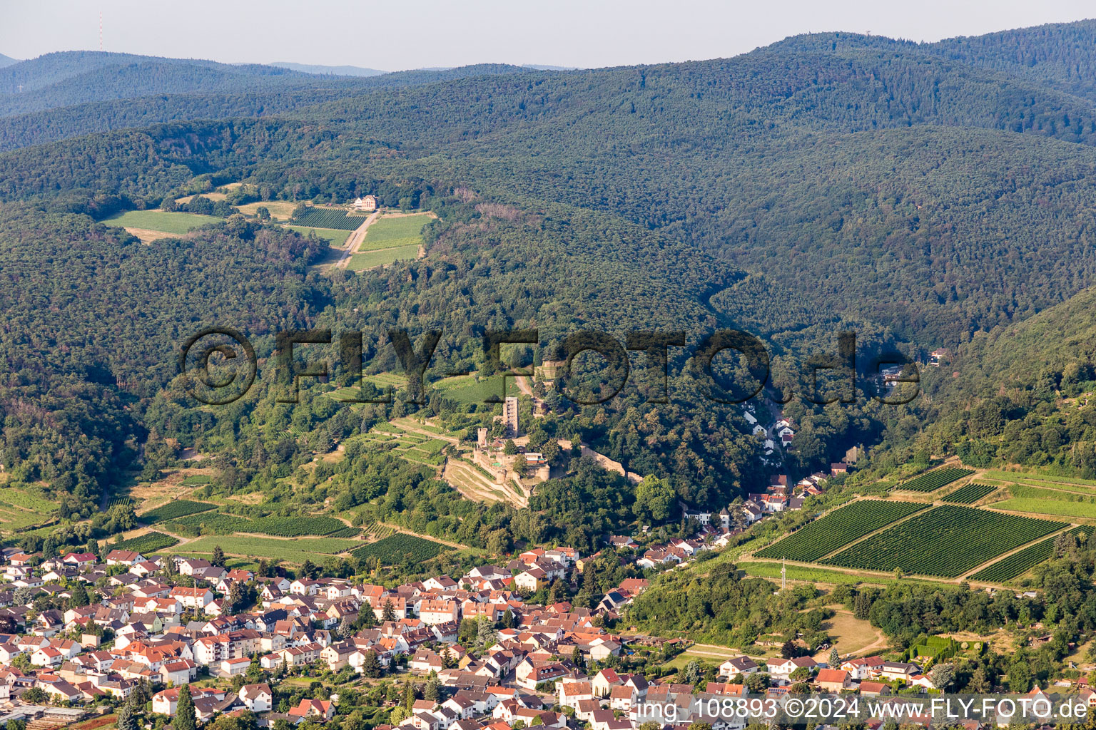 Oblique view of Ruins of the former fortress Wachtenburg ("Burg Wachenheim") in Wachenheim an der Weinstrasse in the state Rhineland-Palatinate, Germany