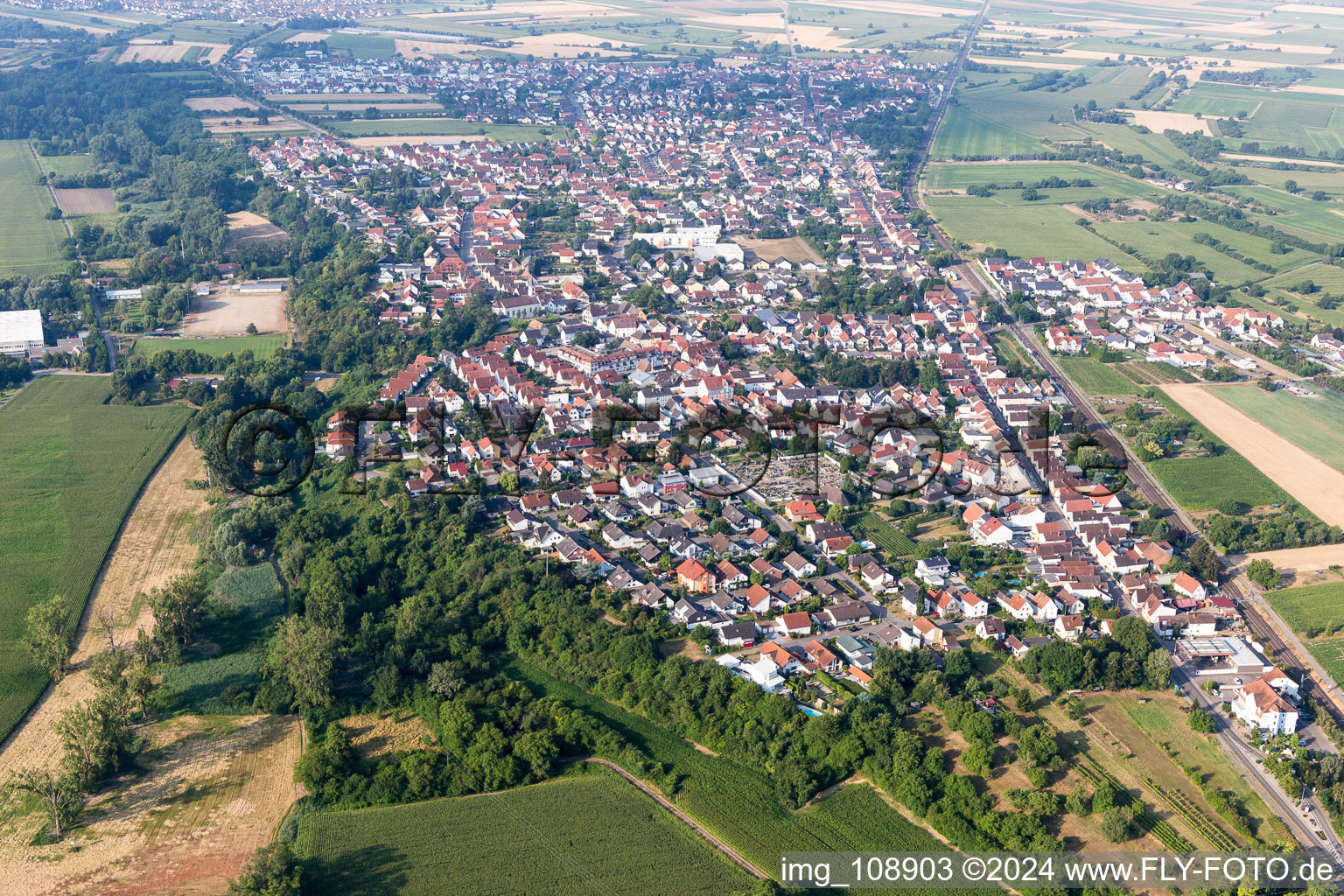 District Berghausen in Römerberg in the state Rhineland-Palatinate, Germany seen from above