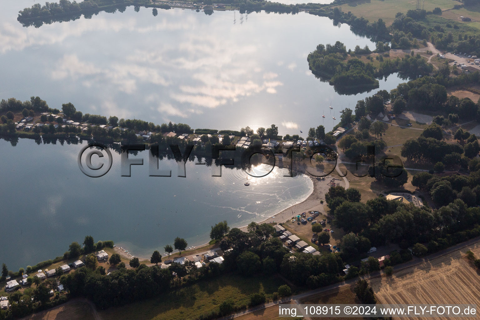 Oblique view of Erlichsee in the district Oberhausen in Oberhausen-Rheinhausen in the state Baden-Wuerttemberg, Germany