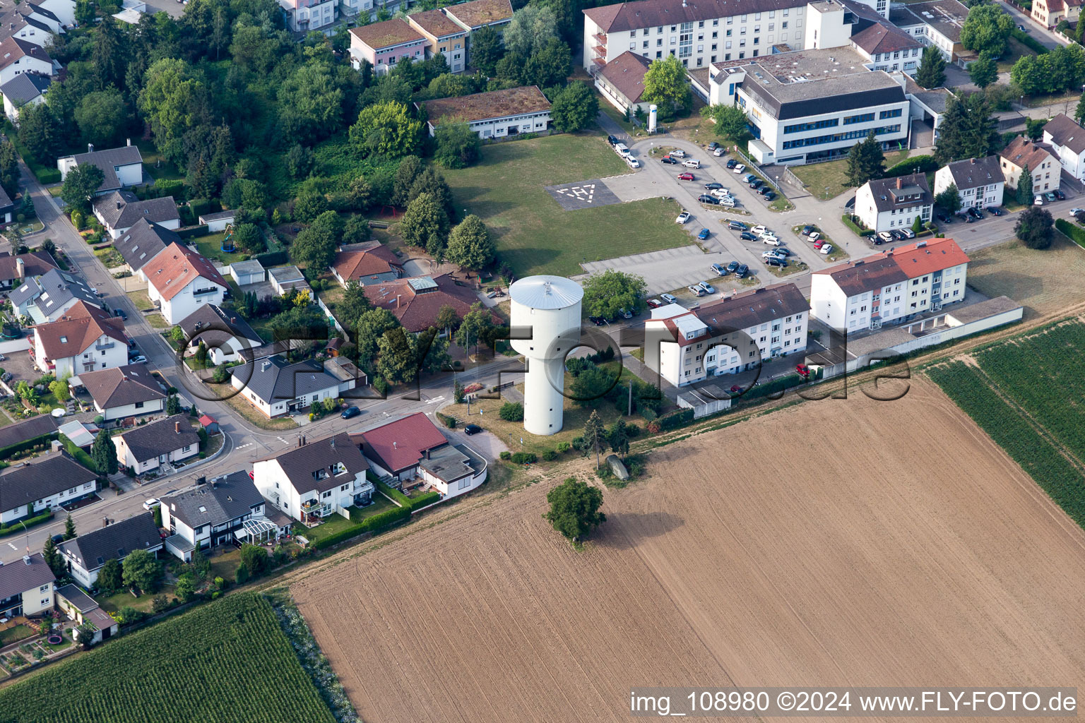 At the water tower in Kandel in the state Rhineland-Palatinate, Germany seen from above