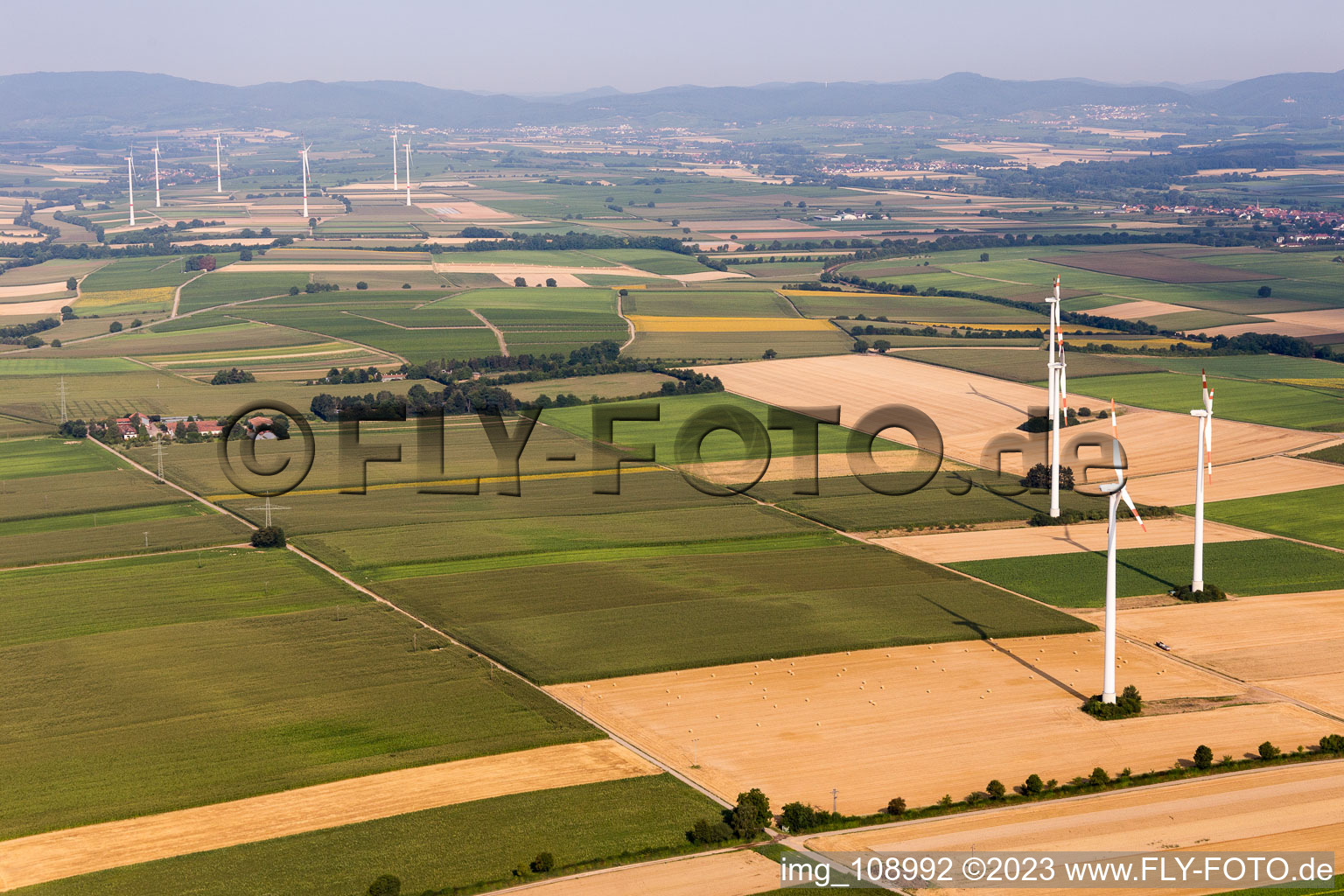 Oblique view of Wind turbines in Minfeld in the state Rhineland-Palatinate, Germany