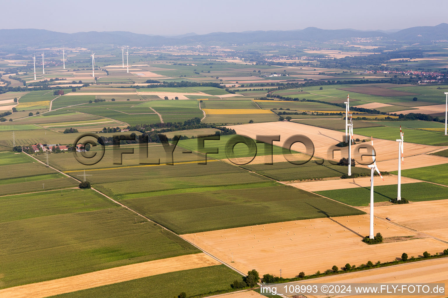 Wind turbines in Minfeld in the state Rhineland-Palatinate, Germany from above