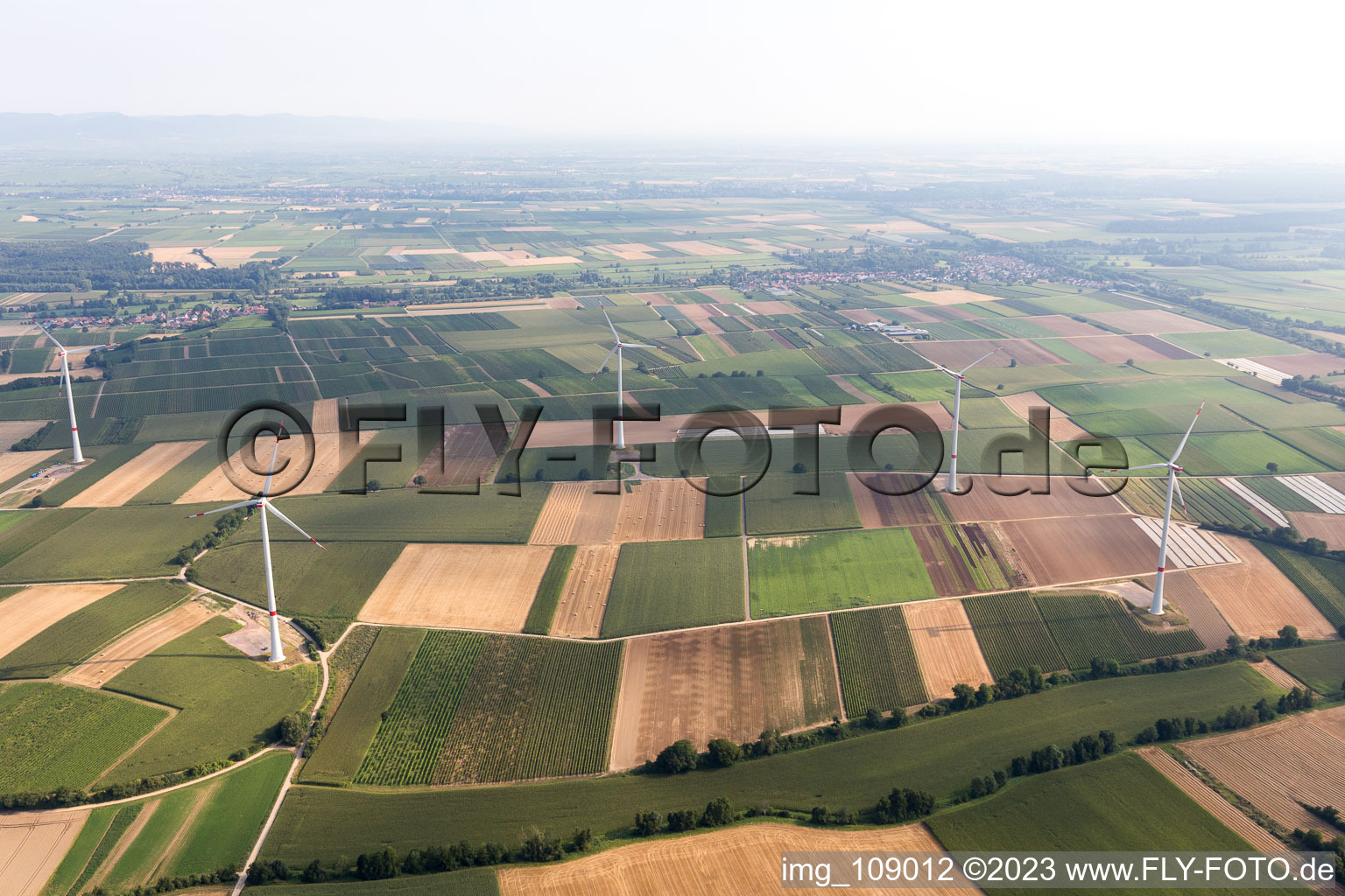 Aerial view of Wind farm in Freckenfeld in the state Rhineland-Palatinate, Germany