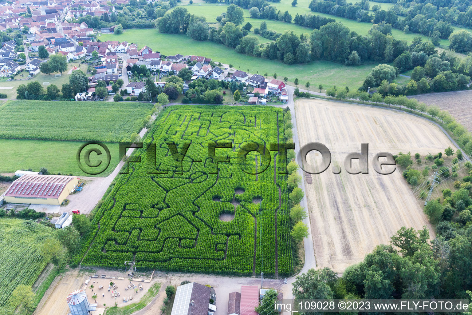 Corn maze at Seehof in Steinweiler in the state Rhineland-Palatinate, Germany from the plane