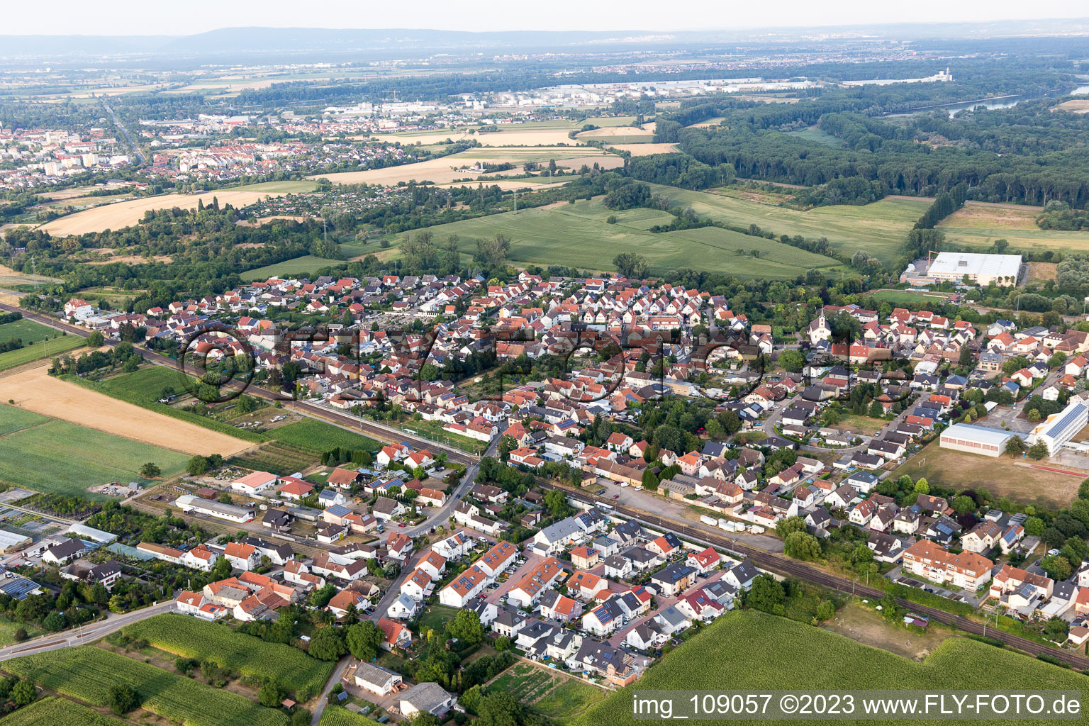 Drone recording of District Berghausen in Römerberg in the state Rhineland-Palatinate, Germany