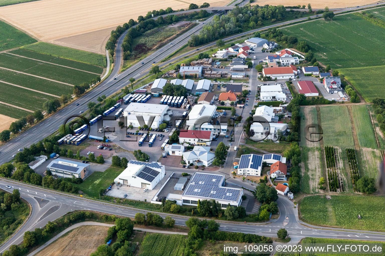 Aerial photograpy of Werkstrasse industrial area in the district Berghausen in Römerberg in the state Rhineland-Palatinate, Germany