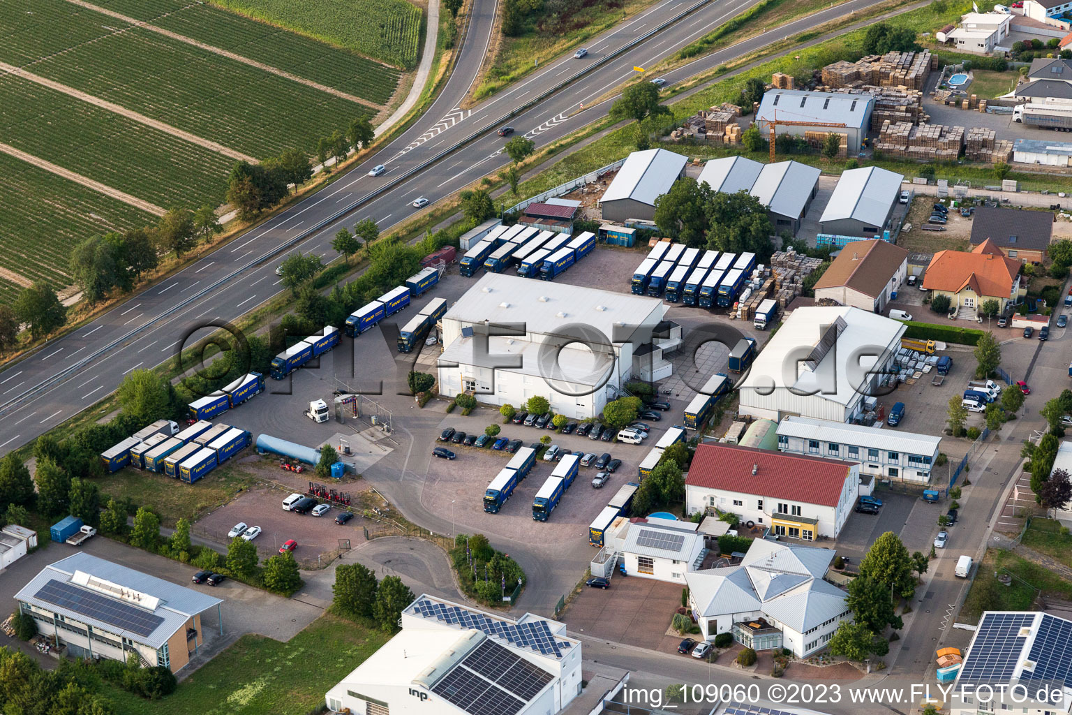 Oblique view of Werkstrasse industrial area in the district Berghausen in Römerberg in the state Rhineland-Palatinate, Germany