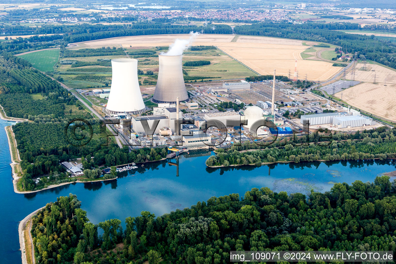 Aerial view of Nuclear power plant in Philippsburg in the state Baden-Wuerttemberg, Germany