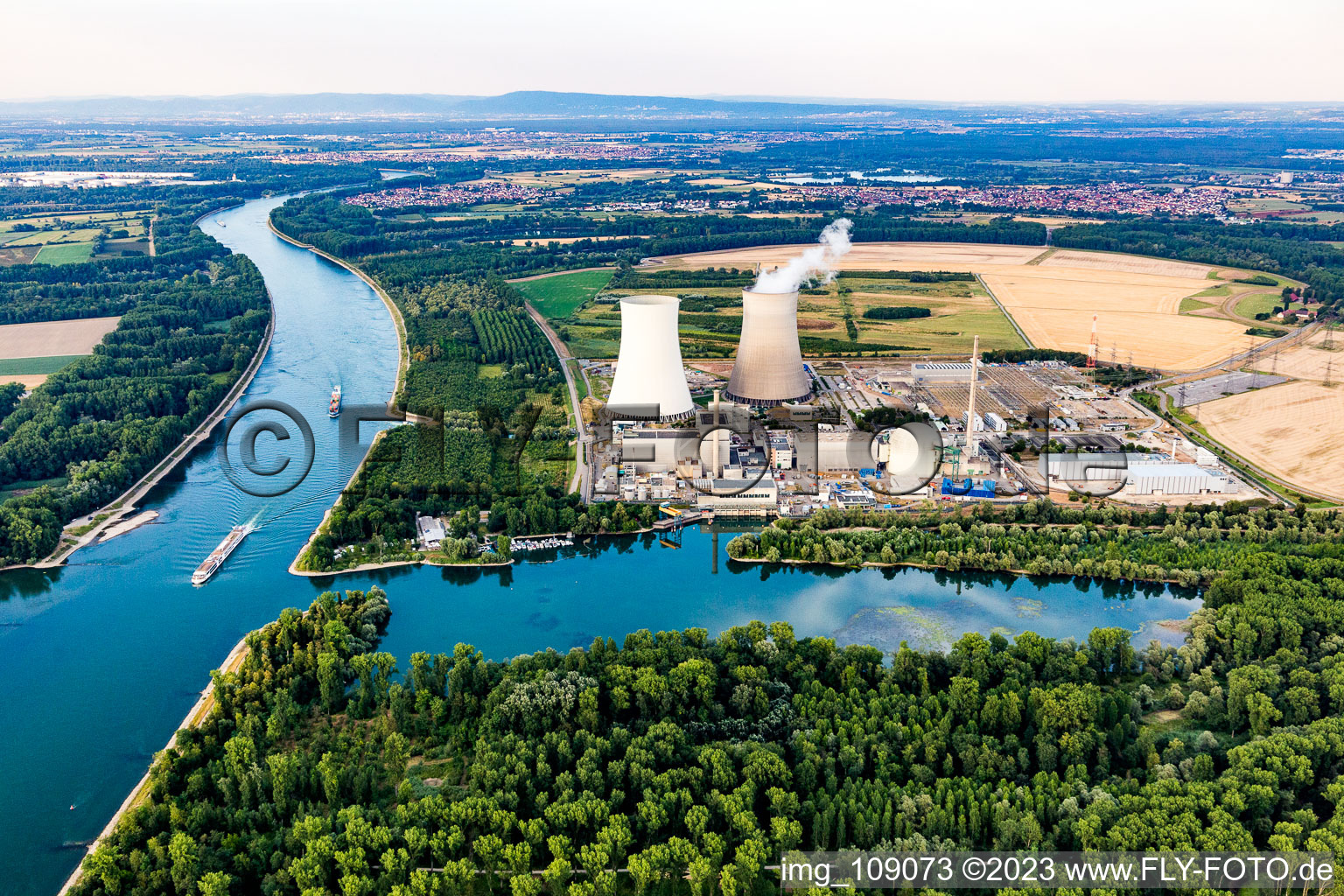 Aerial view of Building the partly decommissioned reactor units and systems of the NPP - NPP nuclear power plant EnBW Kernkraft GmbH, Kernkraftwerk Philippsburg in Philippsburg in the state Baden-Wurttemberg, Germany