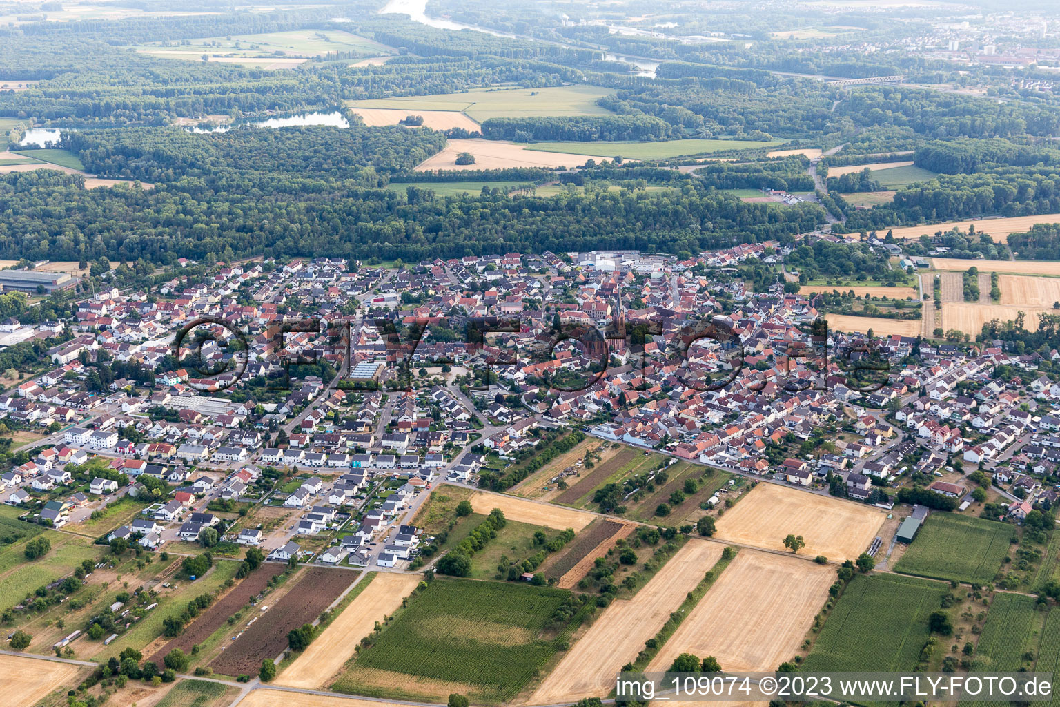 Aerial photograpy of From the northeast in the district Rheinsheim in Philippsburg in the state Baden-Wuerttemberg, Germany