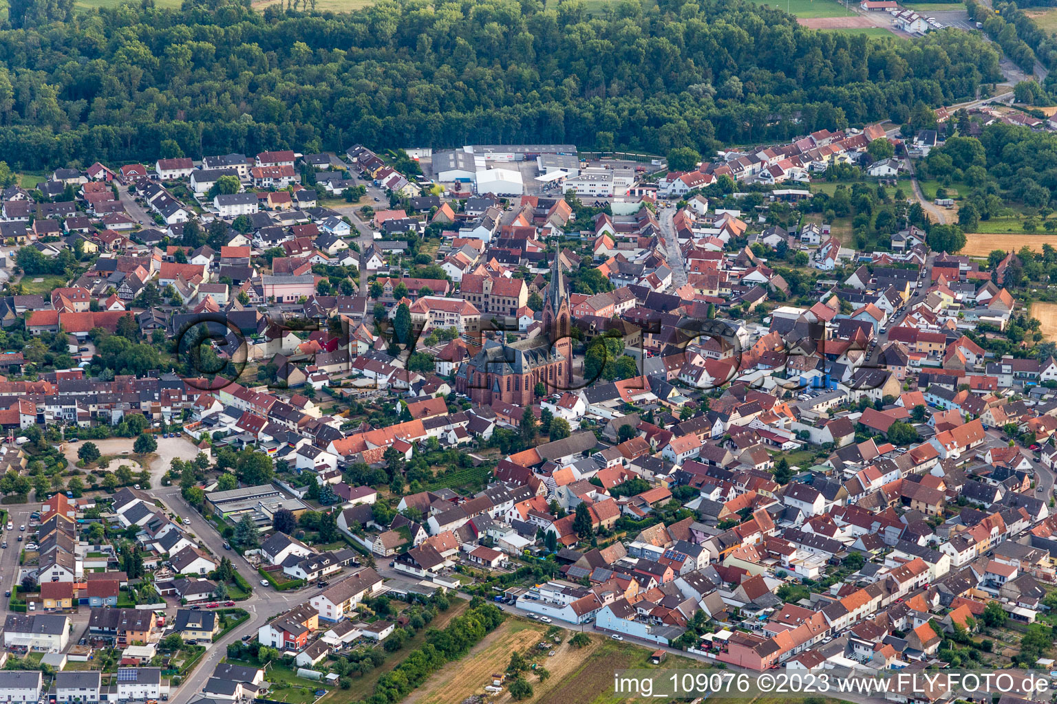 From the northeast in the district Rheinsheim in Philippsburg in the state Baden-Wuerttemberg, Germany from above