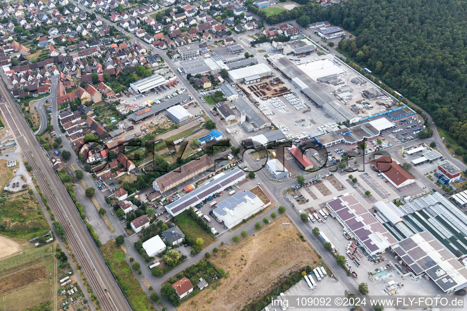 Aerial view of Industrial area Spöckerbuchenstr in the district Friedrichstal in Stutensee in the state Baden-Wuerttemberg, Germany