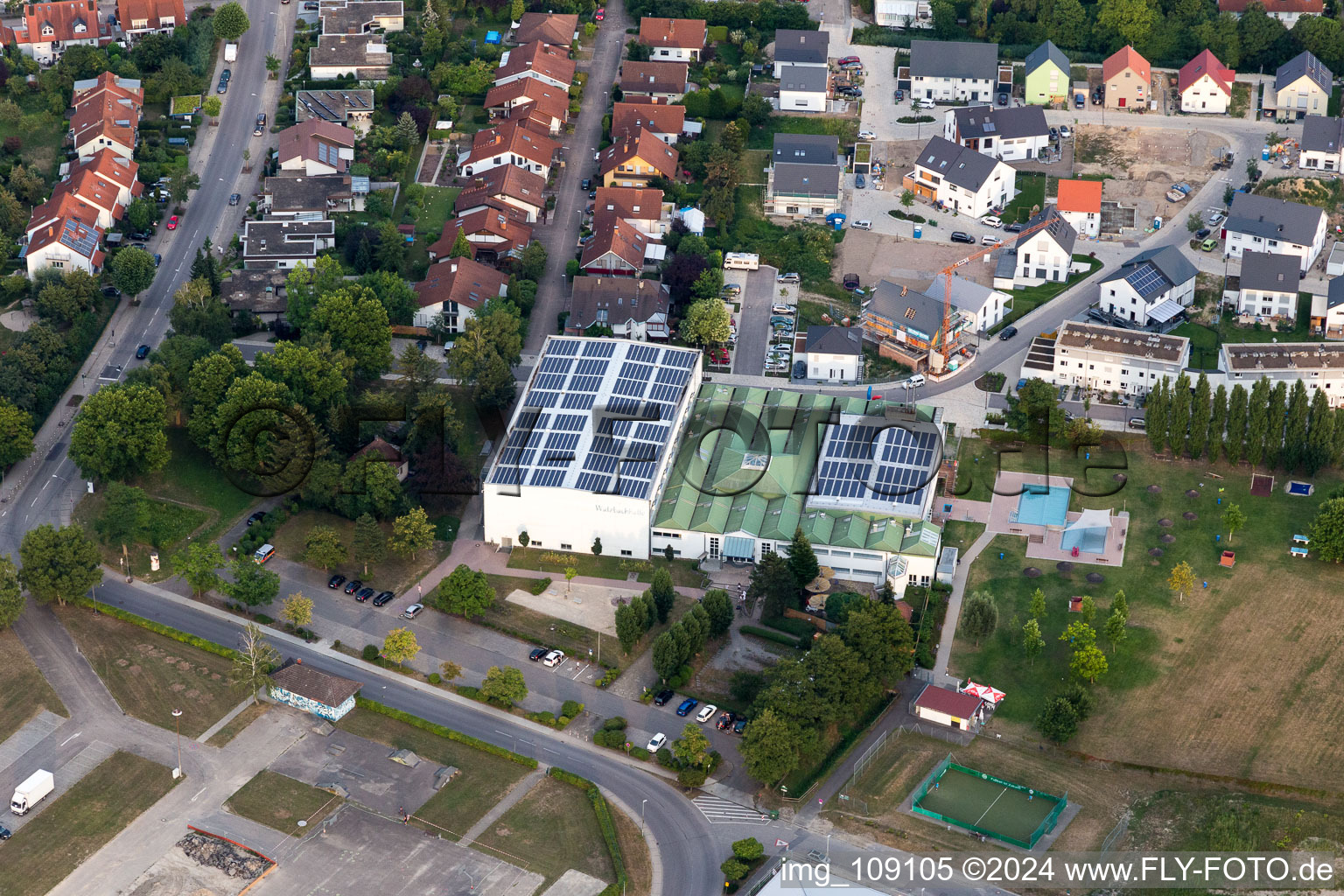 Building of sports hall Ensemble Walzbachhalle and Walzbachbad Hallen- and Freibad in Weingarten in the state Baden-Wurttemberg, Germany