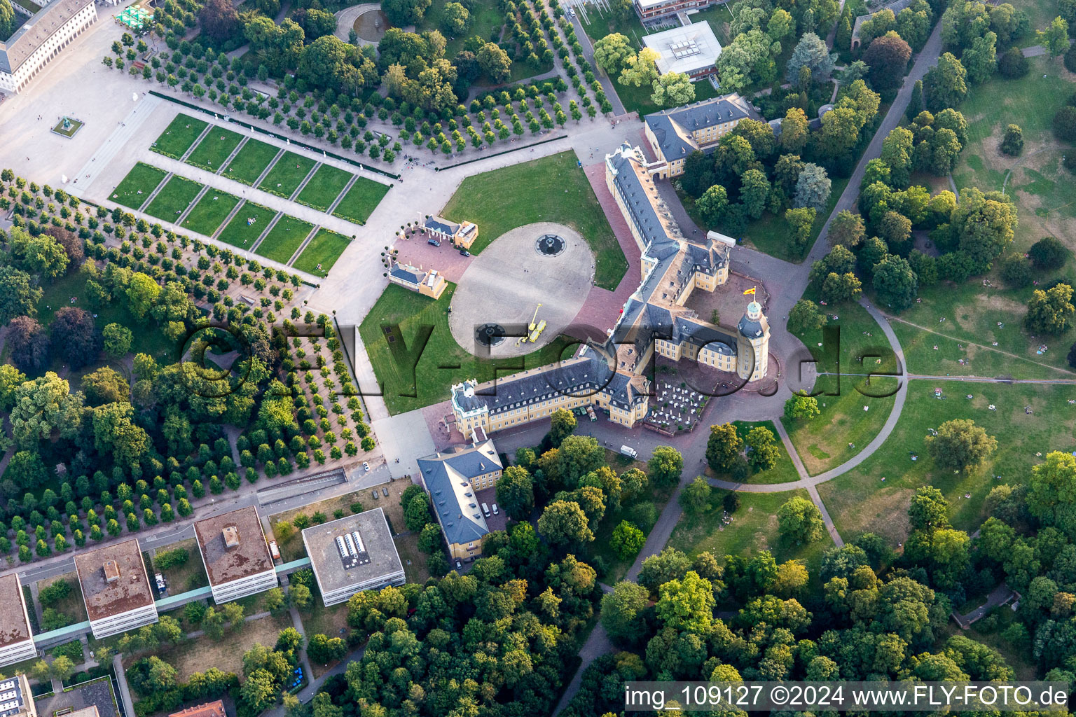 Aerial view of Building complex in the park of the castle Karlsruhe in Karlsruhe in the state Baden-Wurttemberg, Germany