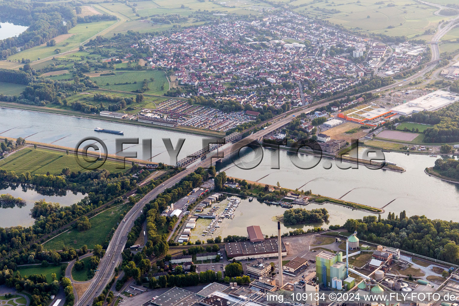 River - bridges construction crossing the Rhine river near Maxau in the district Knielingen in Karlsruhe in the state Baden-Wurttemberg, Germany