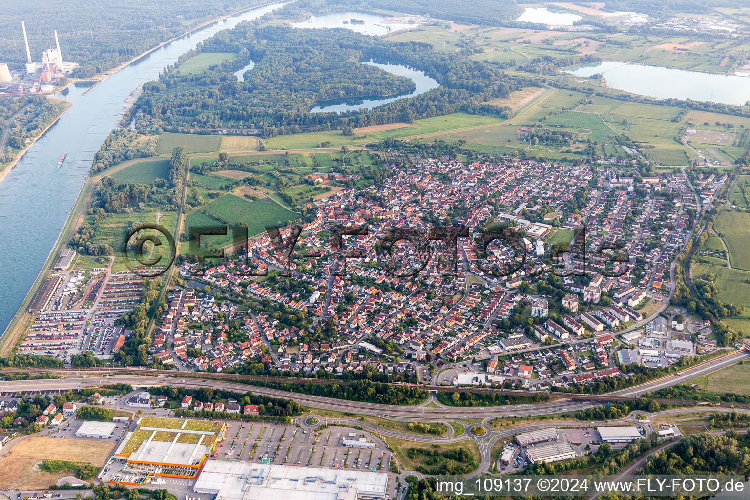 Aerial view of Truck storage on the Rhine in the district Maximiliansau in Wörth am Rhein in the state Rhineland-Palatinate, Germany