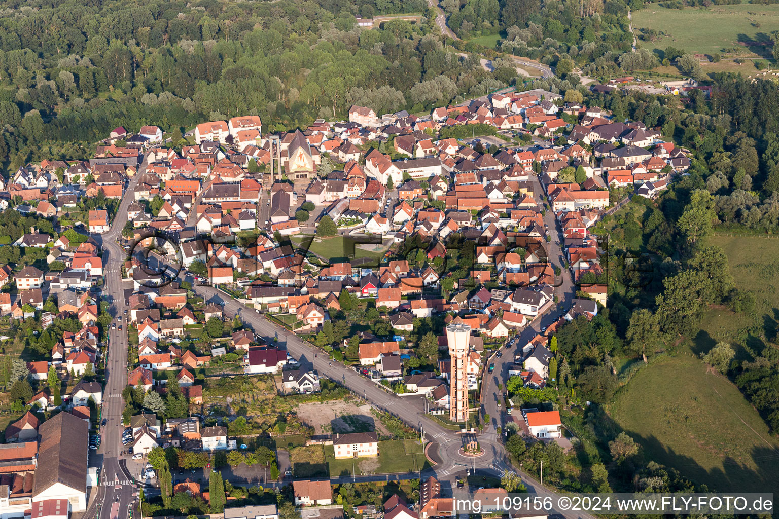 Aerial view of Town View of the streets and houses of the residential areas in Seltz in Grand Est, France