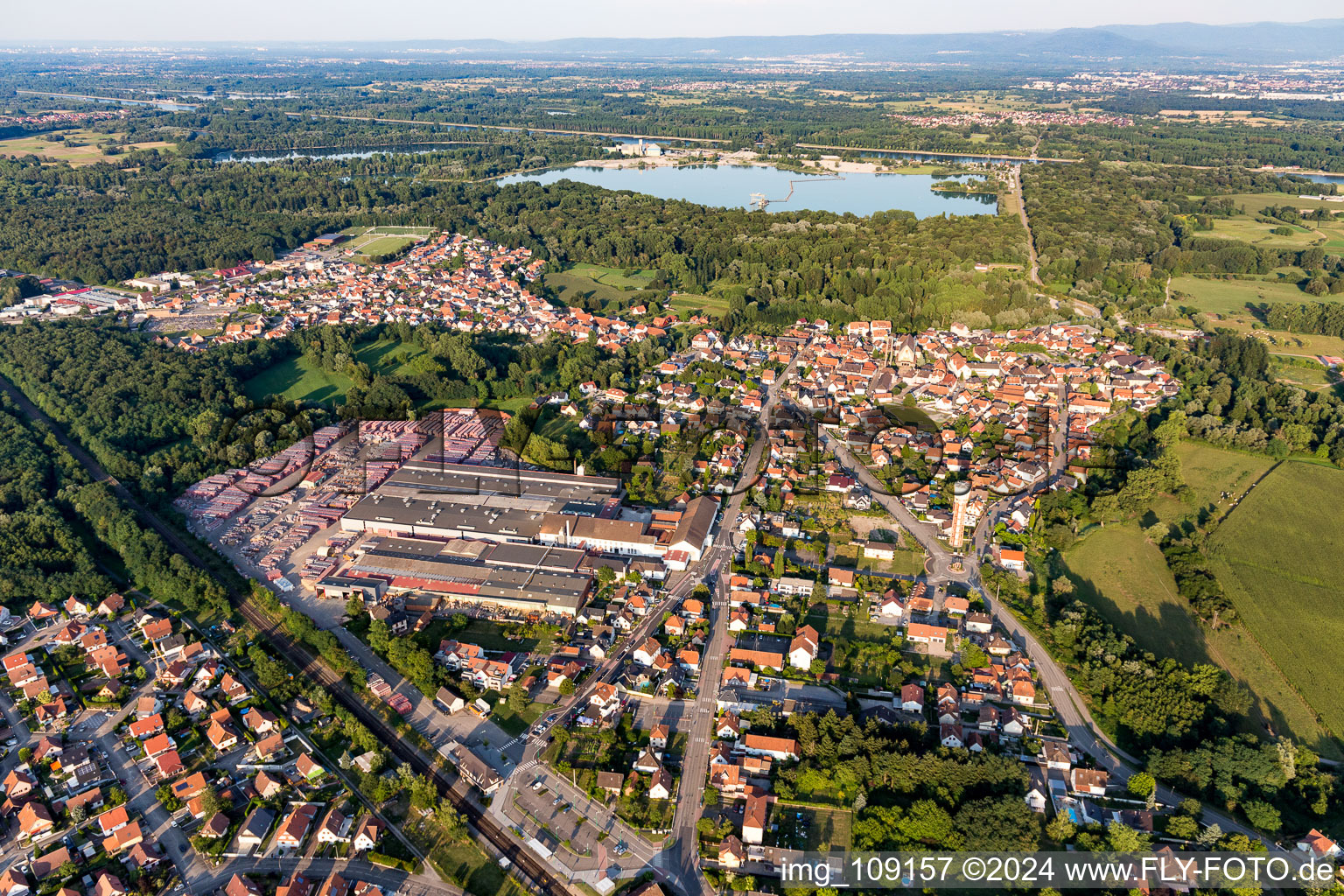 Aerial view of Building and production halls on the premises of Ziegelwerke Wienerberger in Seltz in Grand Est, France