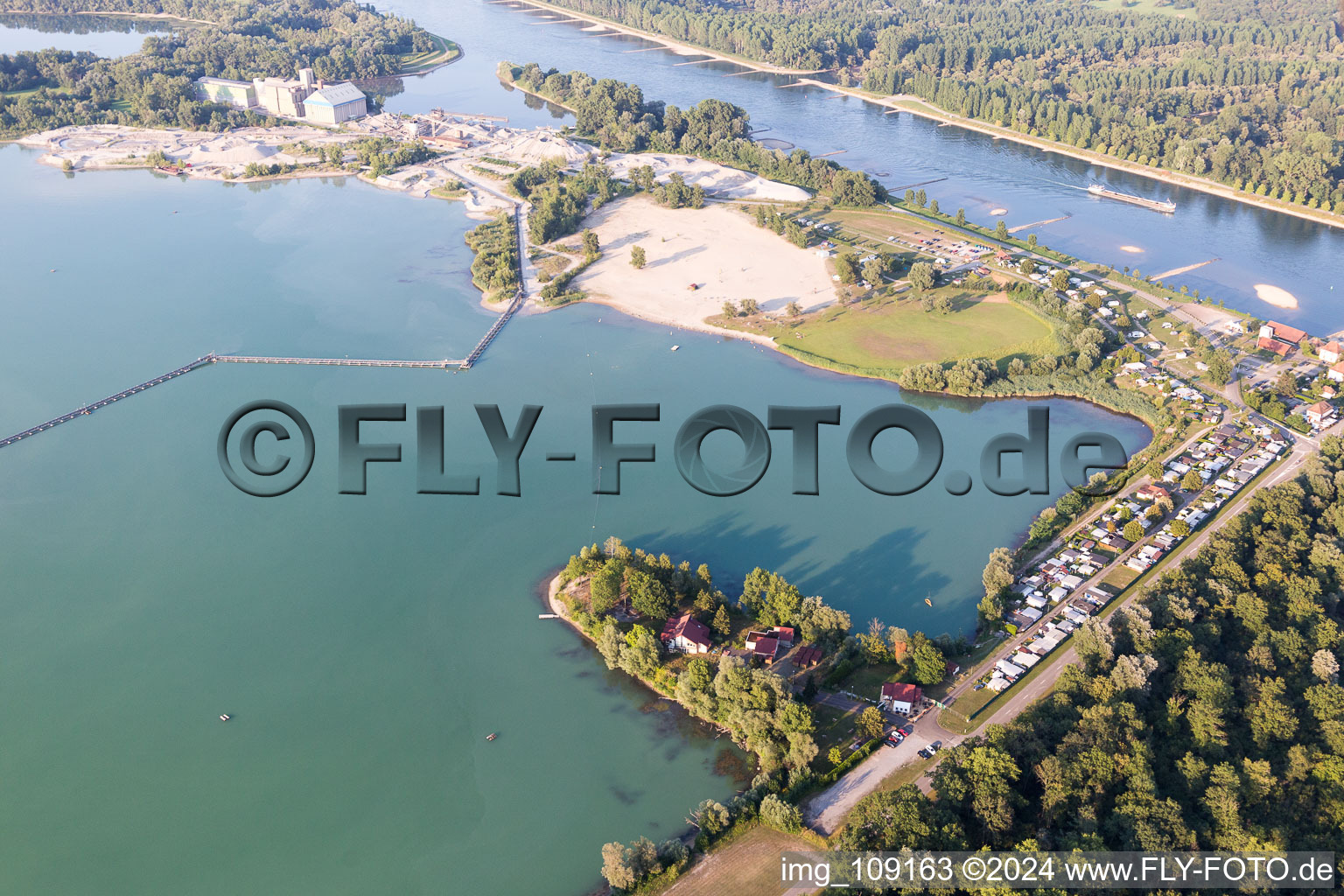 Aerial view of Lake and ferry in Seltz in the state Bas-Rhin, France