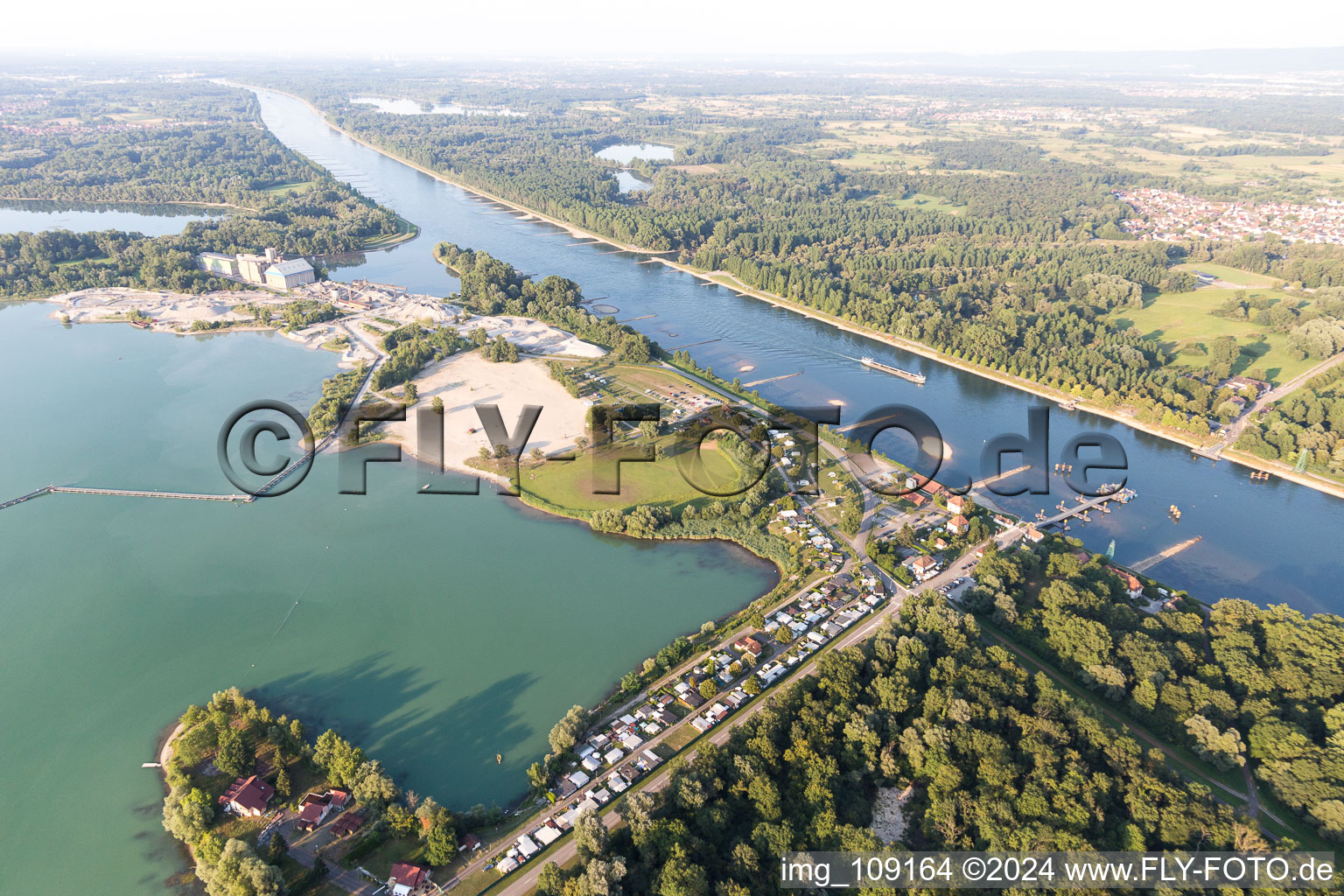 Aerial photograpy of Lake and ferry in Seltz in the state Bas-Rhin, France