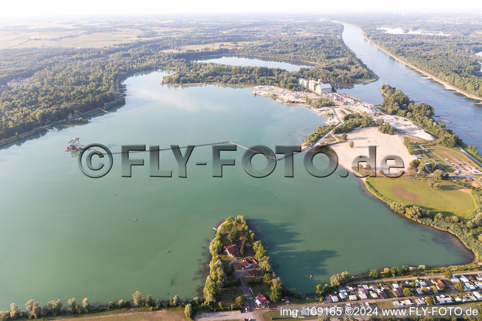 Oblique view of Lake and ferry in Seltz in the state Bas-Rhin, France