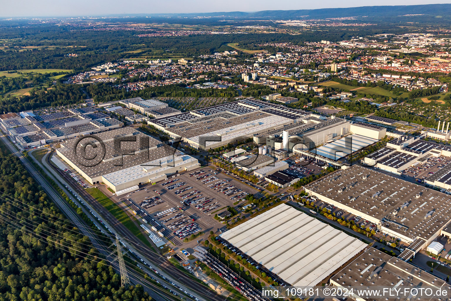 Buildings and production halls on the vehicle construction site of Merceof-Benz factory Rastatt in Rastatt in the state Baden-Wurttemberg, Germany from above