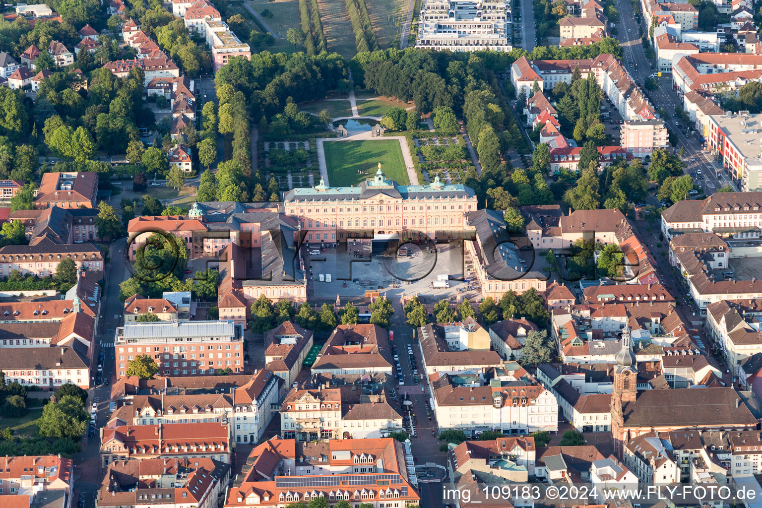 Aerial view of Building complex in the park of the castle Residenzschloss Rastatt in Rastatt in the state Baden-Wurttemberg, Germany