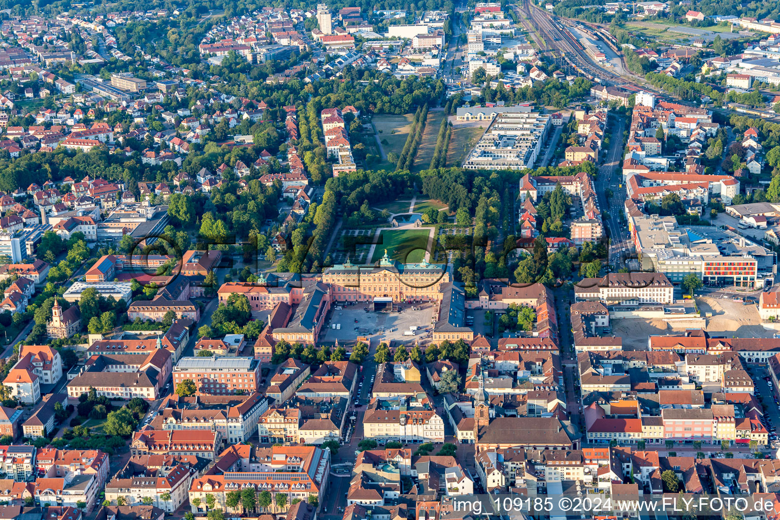 Aerial photograpy of Building complex in the park of the castle Residenzschloss Rastatt in Rastatt in the state Baden-Wurttemberg, Germany