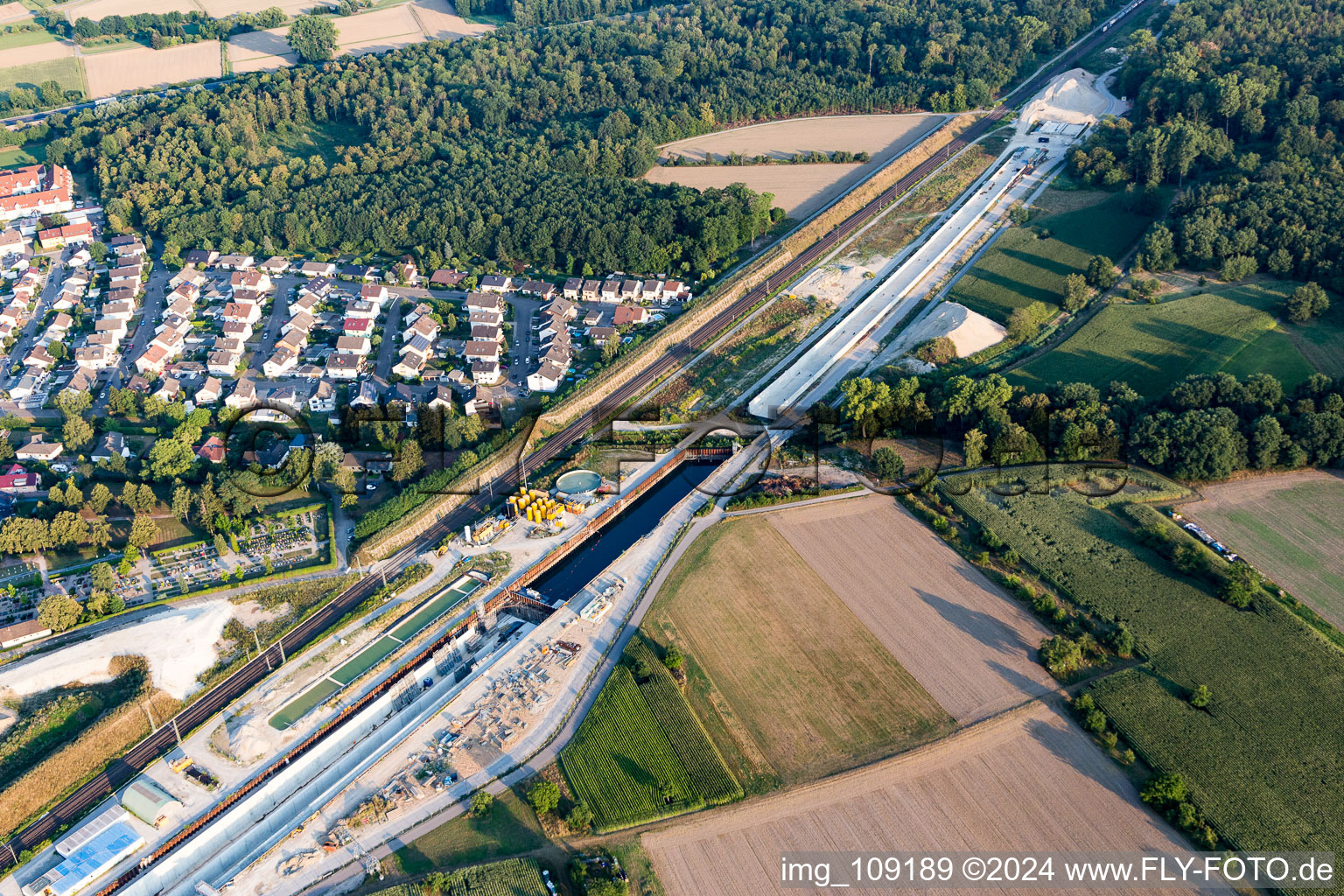 Aerial view of Construtcion work on a rail tunnel track in the route network of the Deutsche Bahn in Rastatt in the state Baden-Wurttemberg, Germany