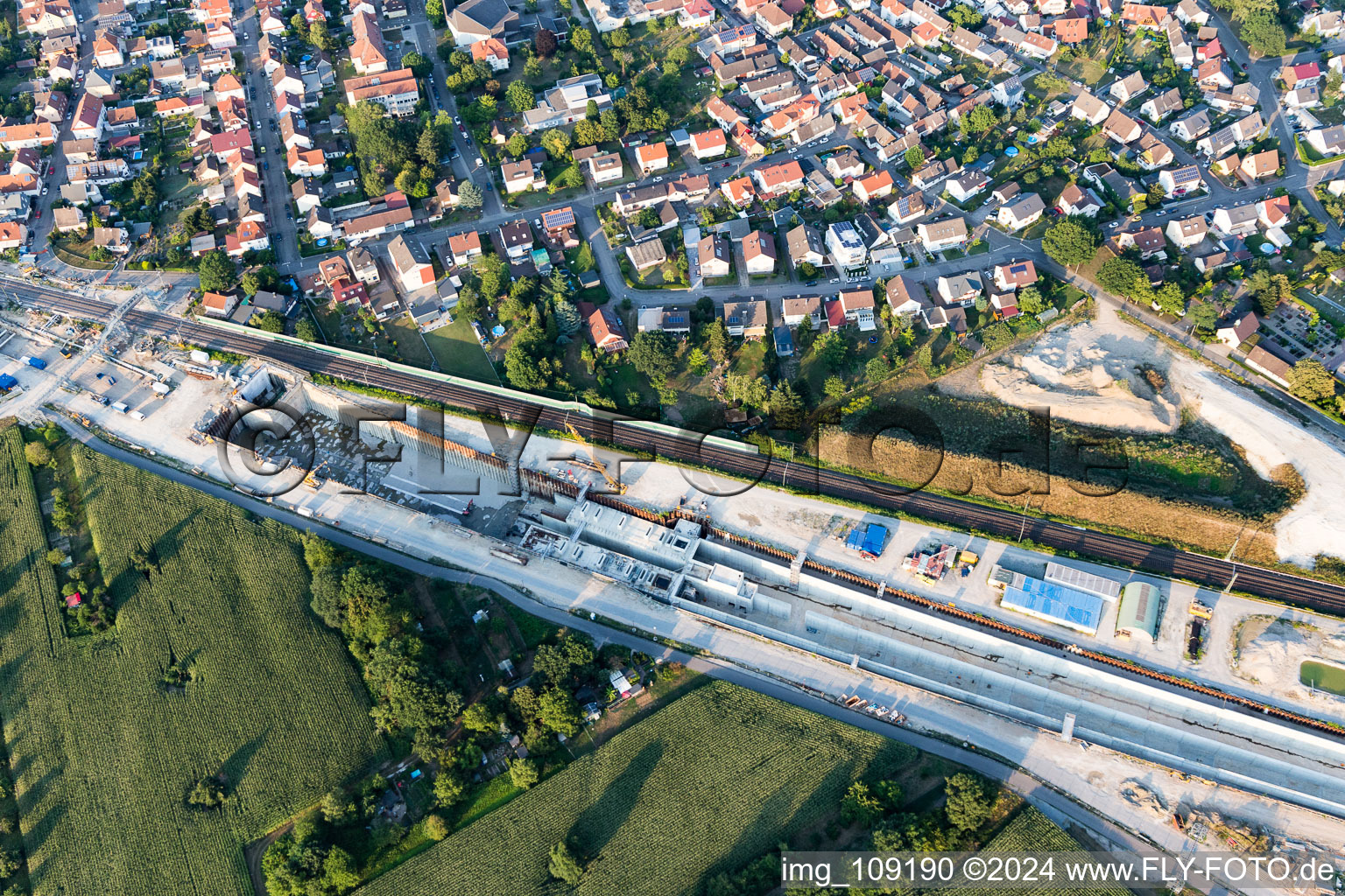 Aerial photograpy of Construtcion work on a rail tunnel track in the route network of the Deutsche Bahn in Rastatt in the state Baden-Wurttemberg, Germany
