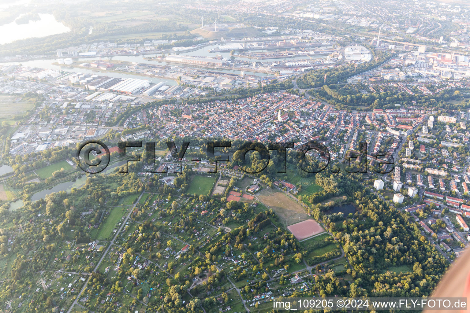 Aerial view of District Daxlanden in Karlsruhe in the state Baden-Wuerttemberg, Germany