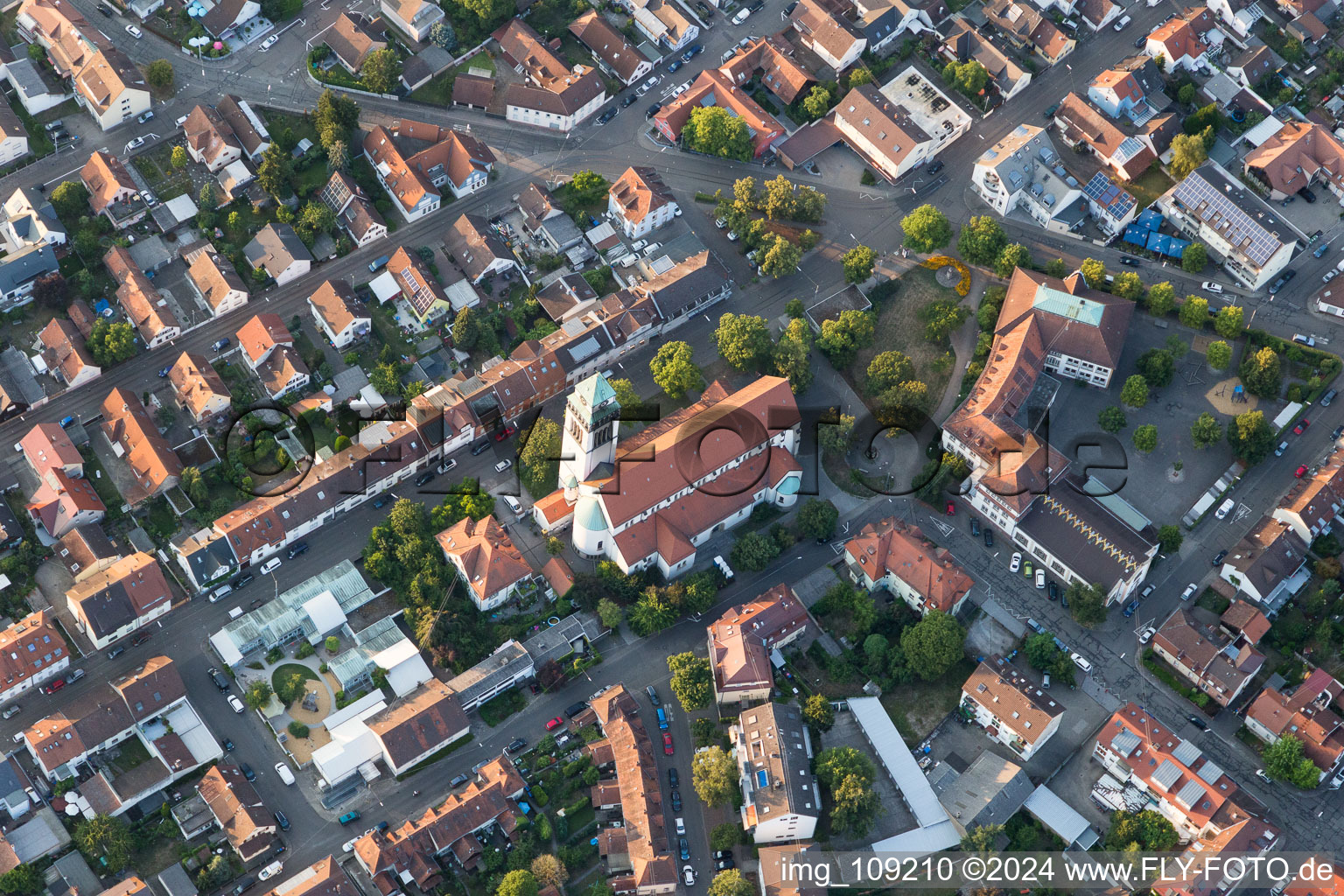 Aerial view of Holy Spirit Church in the district Daxlanden in Karlsruhe in the state Baden-Wuerttemberg, Germany