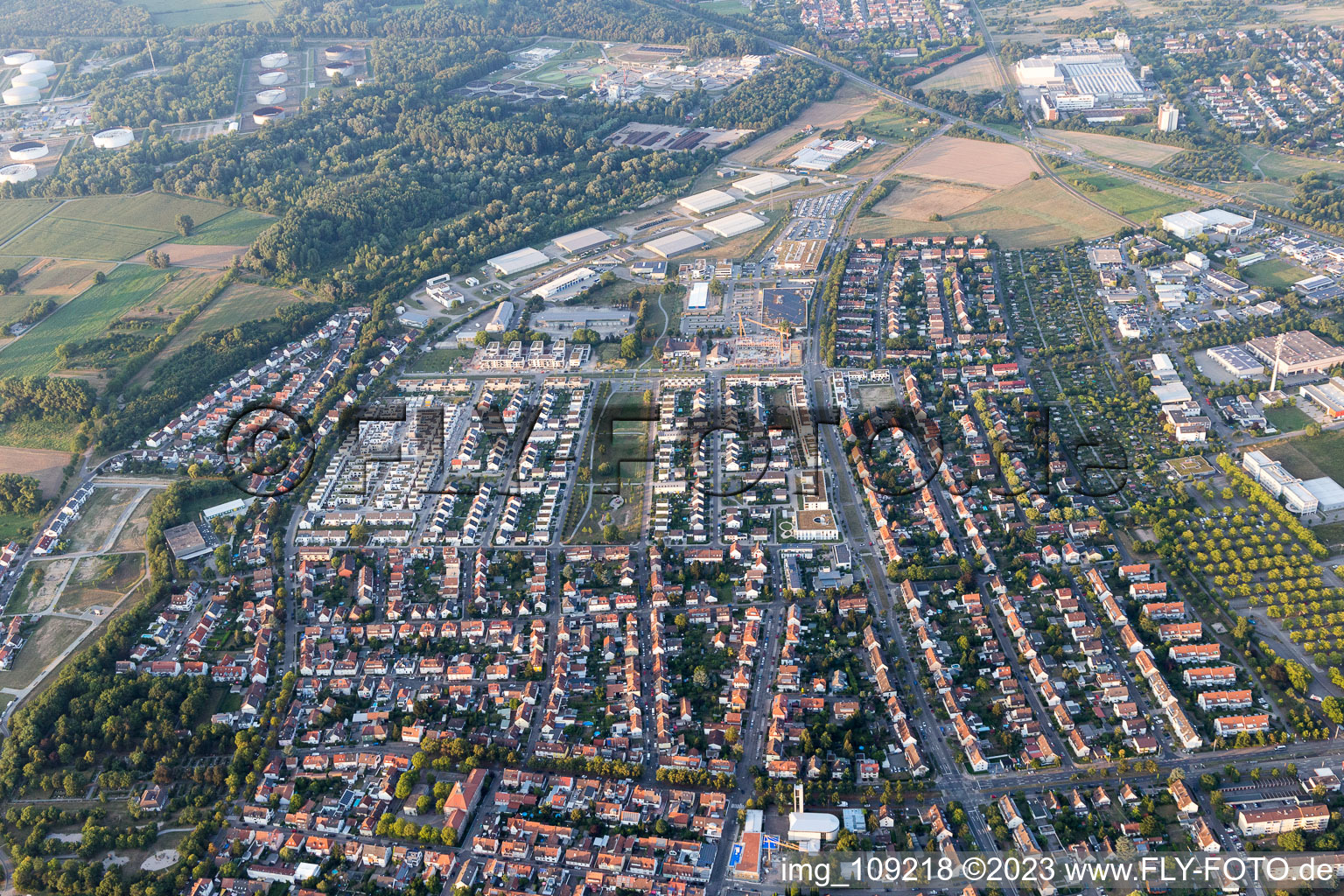 Drone image of District Knielingen in Karlsruhe in the state Baden-Wuerttemberg, Germany
