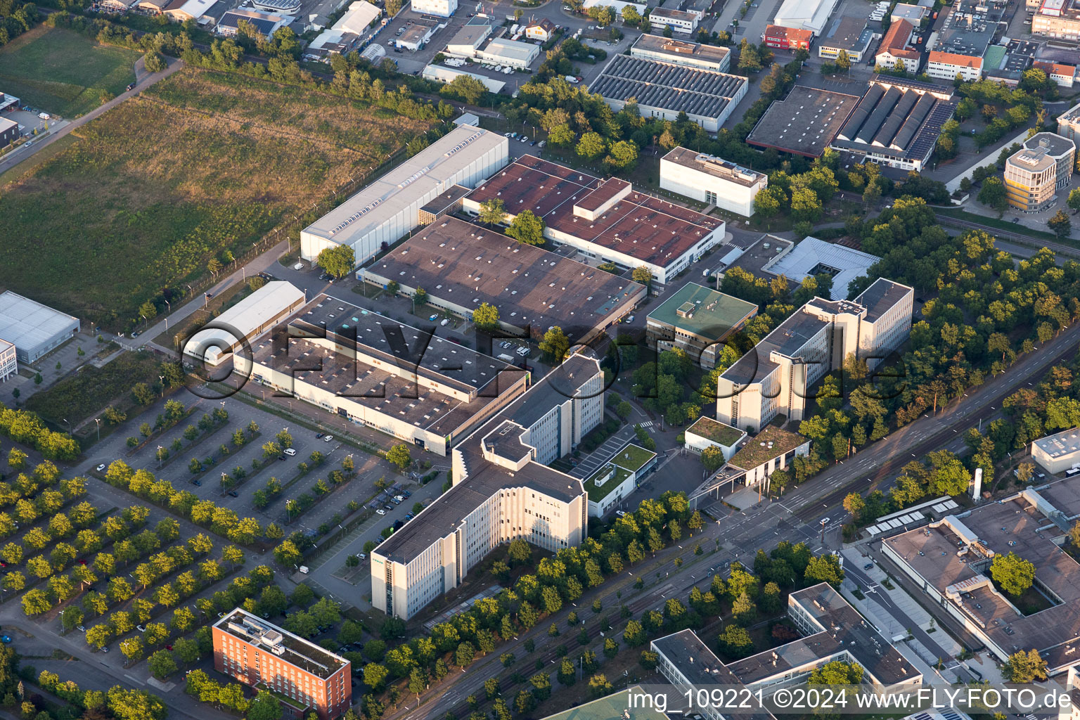 Aerial view of Building and production halls on the premises Siemens in the district Knielingen in Karlsruhe in the state Baden-Wurttemberg, Germany