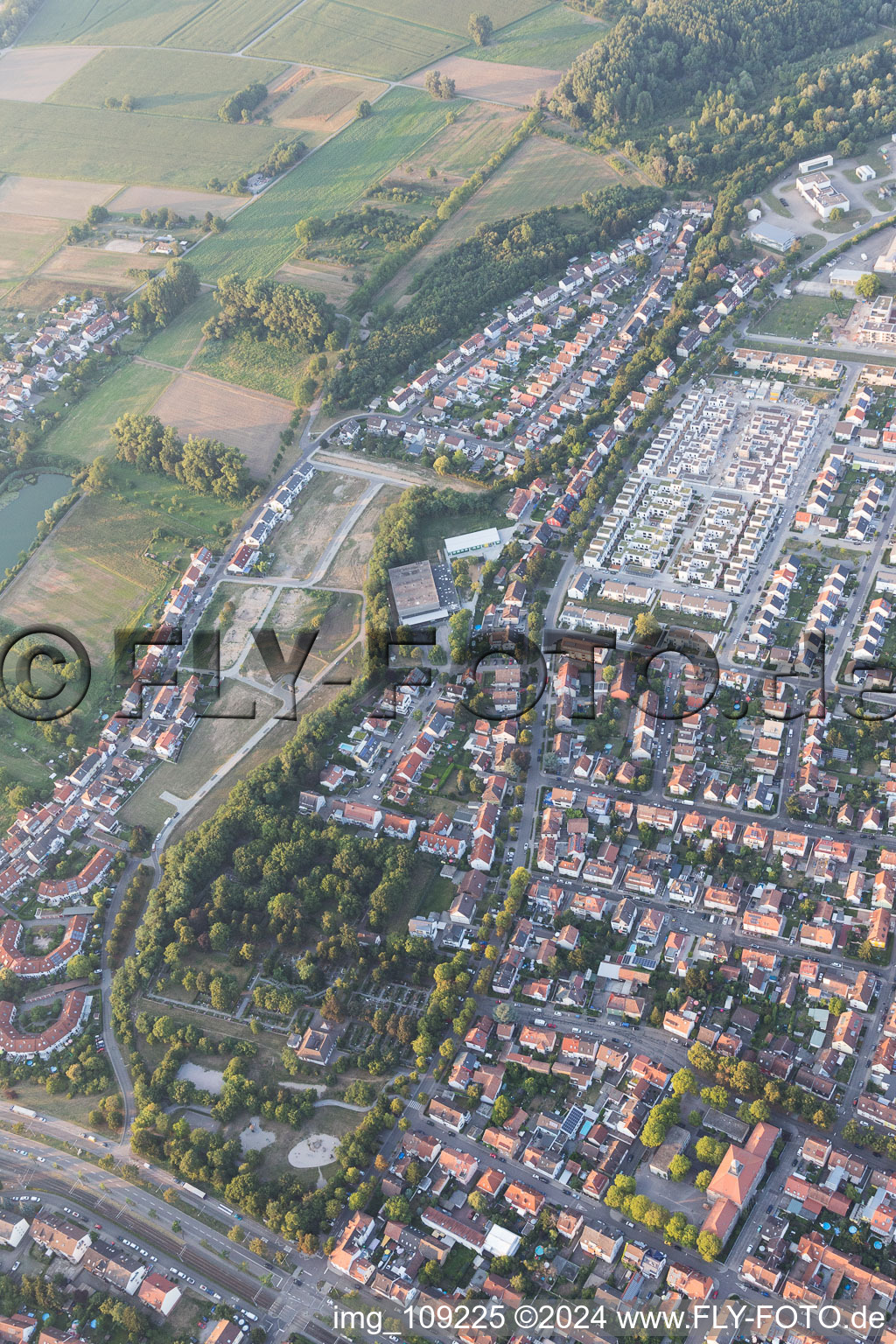 District Knielingen in Karlsruhe in the state Baden-Wuerttemberg, Germany seen from a drone