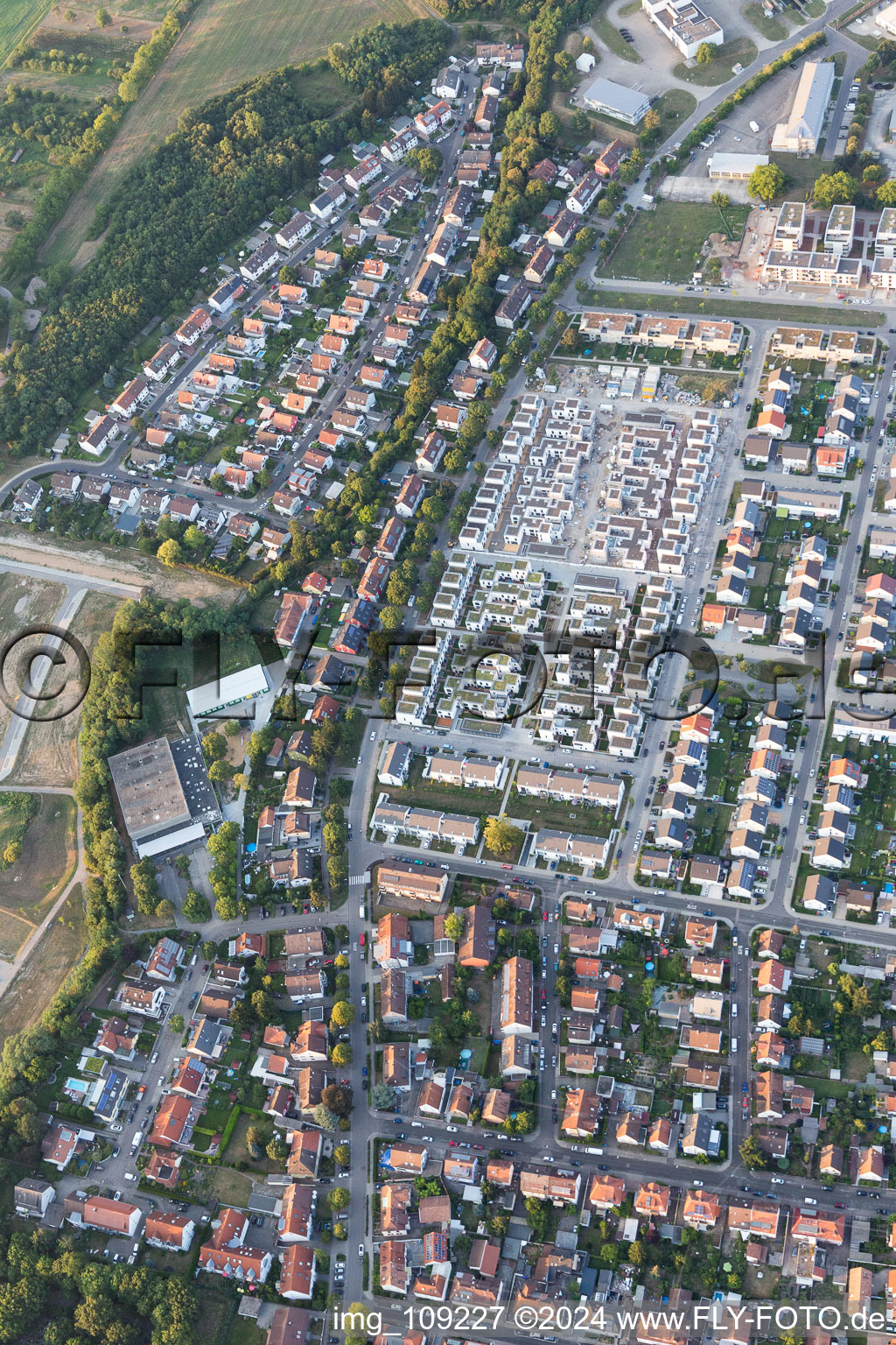 Aerial view of District Knielingen in Karlsruhe in the state Baden-Wuerttemberg, Germany