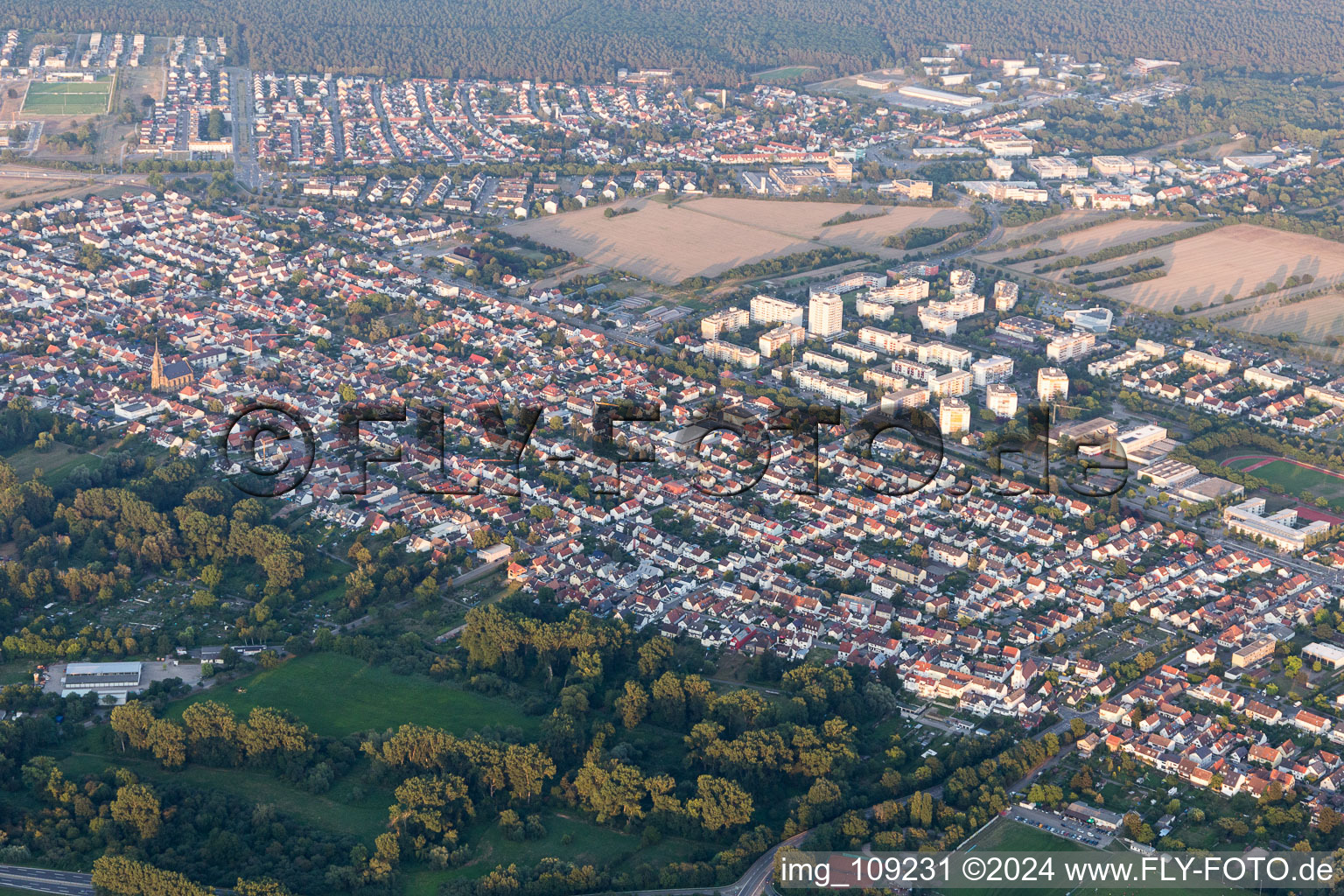 District Neureut in Karlsruhe in the state Baden-Wuerttemberg, Germany viewn from the air