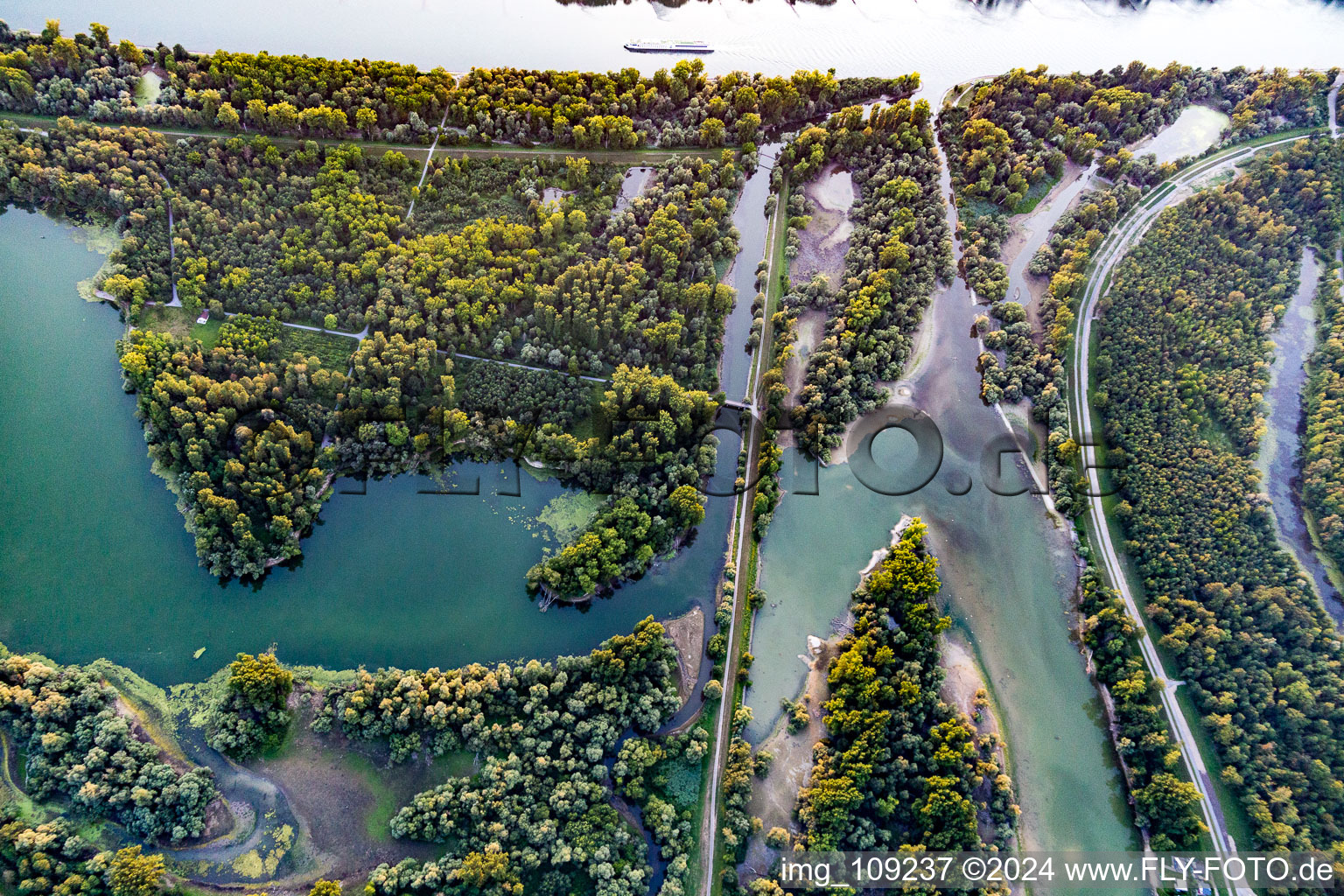 Aerial view of Quarry ponds in the district Leopoldshafen in Eggenstein-Leopoldshafen in the state Baden-Wuerttemberg, Germany