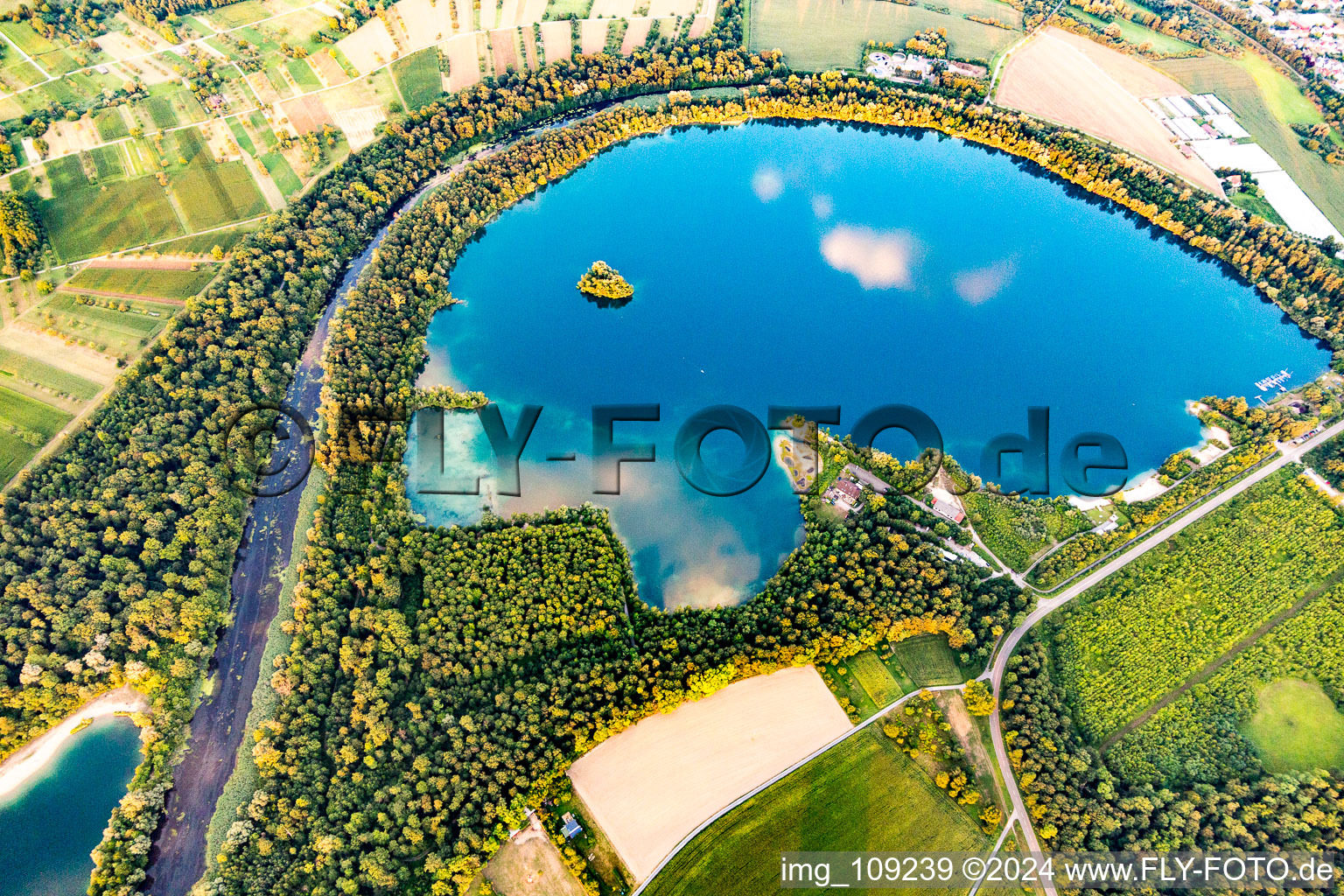 Oblique view of Quarry ponds in the district Leopoldshafen in Eggenstein-Leopoldshafen in the state Baden-Wuerttemberg, Germany