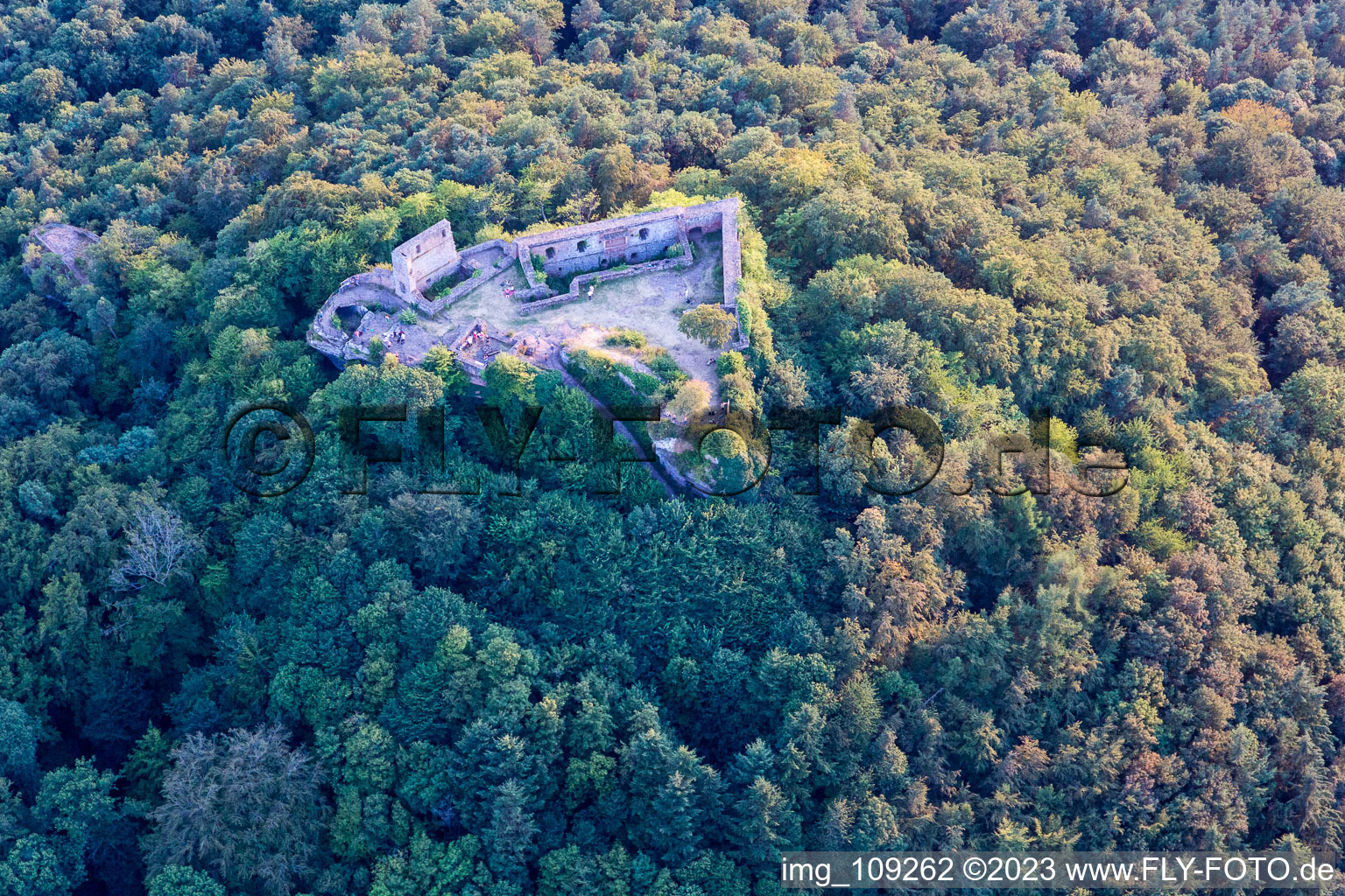Aerial view of Lindelbrunn ruins in Vorderweidenthal in the state Rhineland-Palatinate, Germany