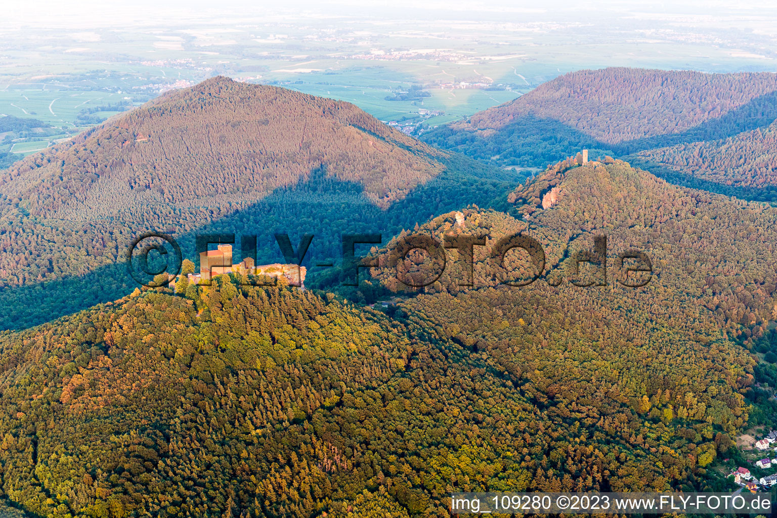 Aerial view of The 3 castles Trifels, Anebos and Münz in the district Bindersbach in Annweiler am Trifels in the state Rhineland-Palatinate, Germany