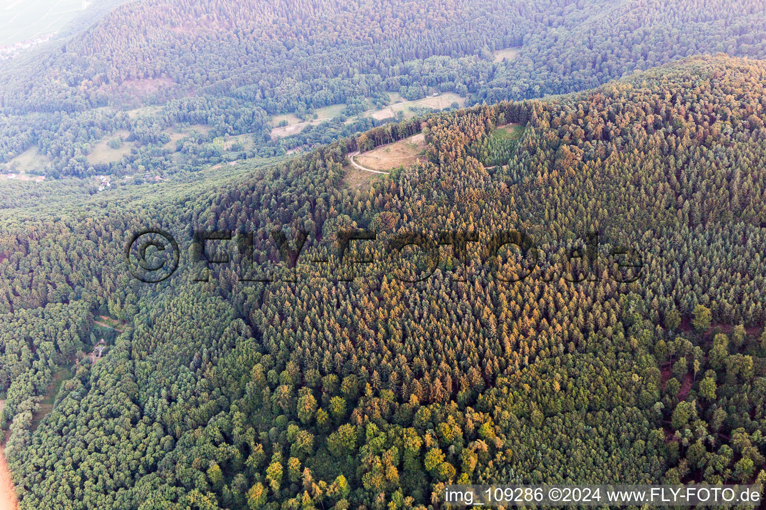 Aerial view of Förlenberg paragliding launch site in Ranschbach in the state Rhineland-Palatinate, Germany