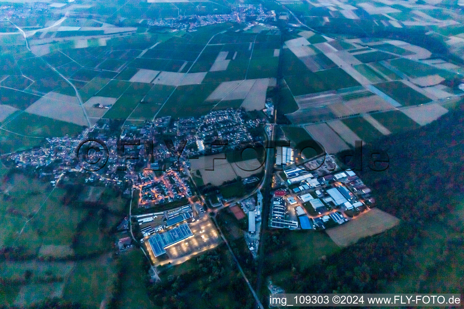 Dawn lighting village view on the edge of agricultural fields and land in Rohrbach in the state Rhineland-Palatinate, Germany