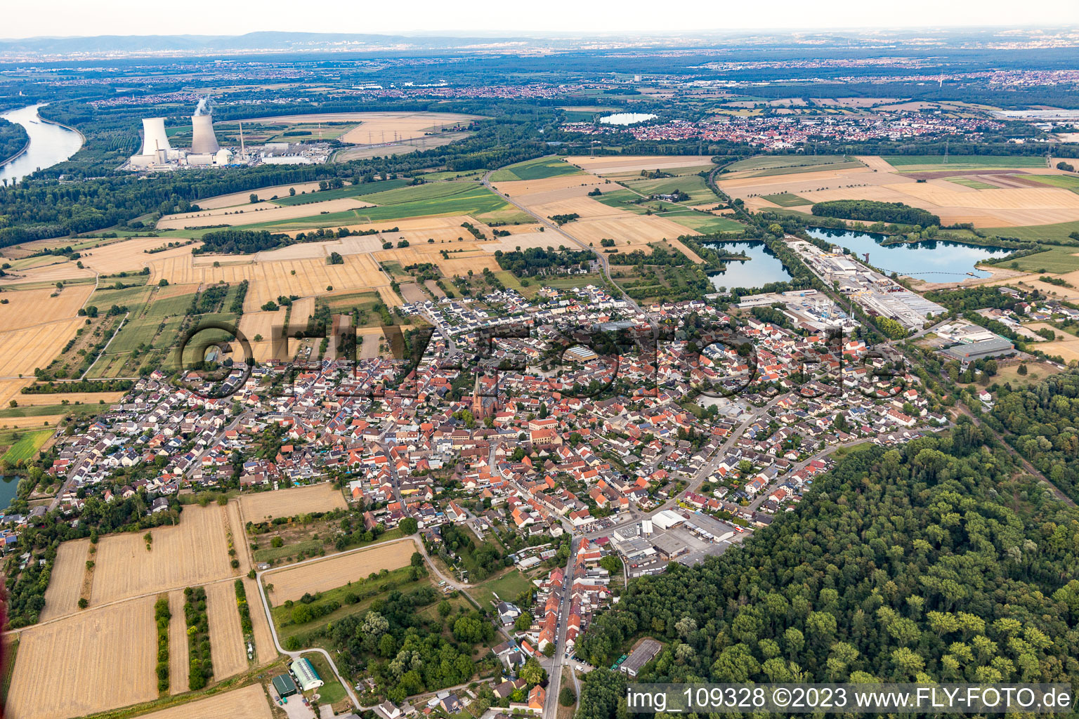 District Rheinsheim in Philippsburg in the state Baden-Wuerttemberg, Germany viewn from the air