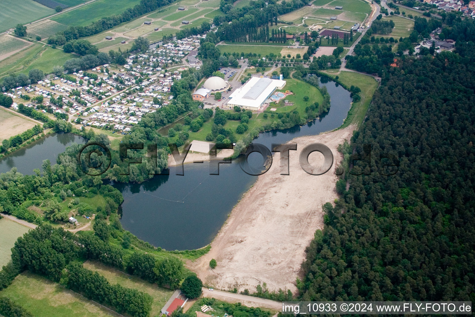 Sandy beach areas on the Badesee Moby Dick in Ruelzheim in the state Rhineland-Palatinate, Germany