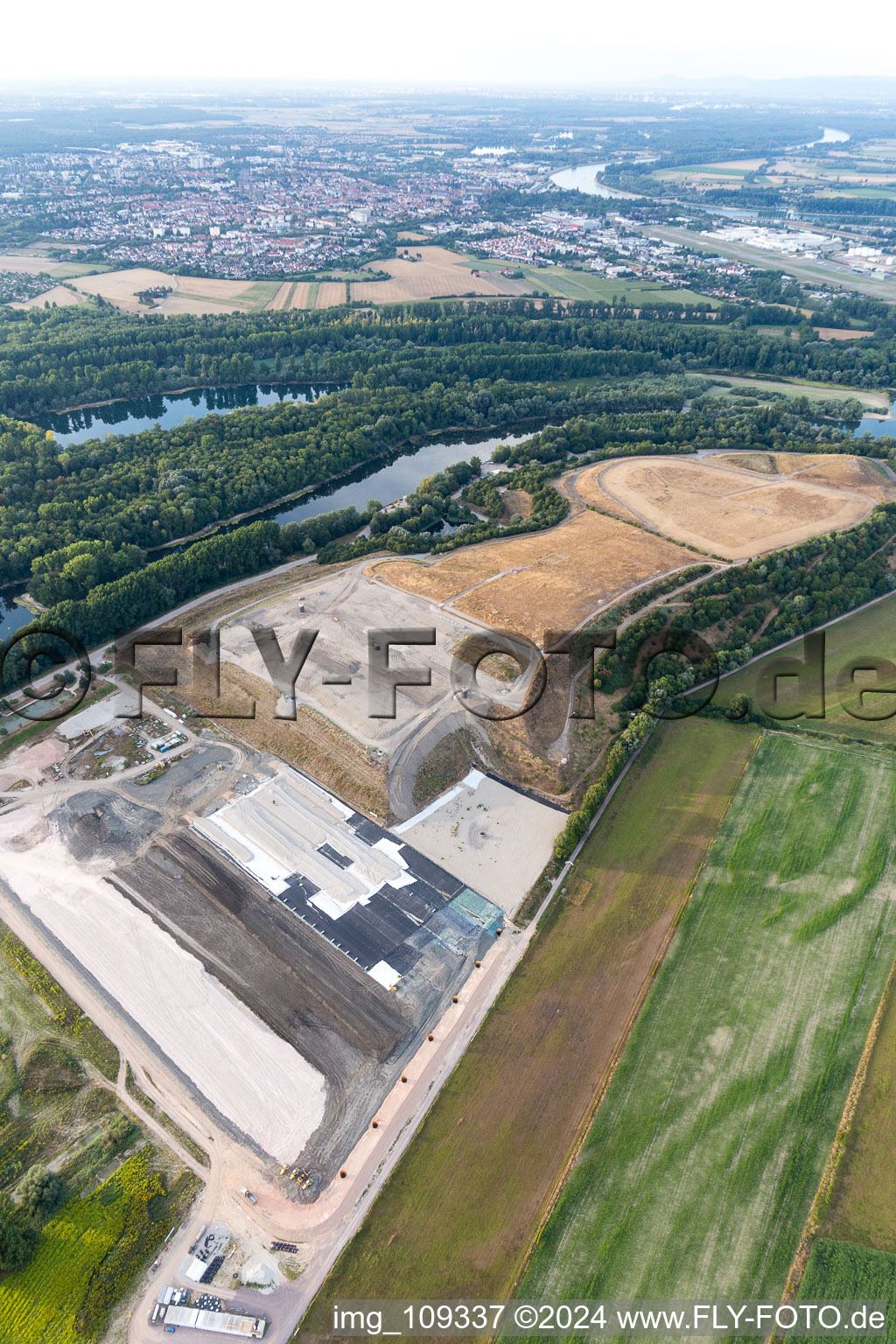 Oblique view of Flotzgrün Island in Speyer in the state Rhineland-Palatinate, Germany