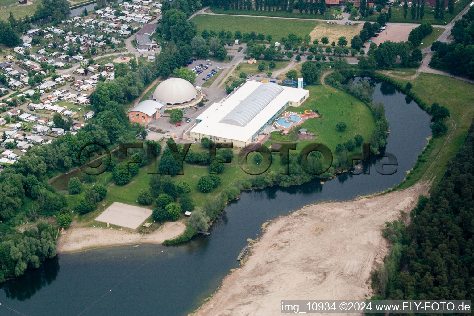 Aerial view of Sandy beach areas on the Badesee Moby Dick in Ruelzheim in the state Rhineland-Palatinate, Germany