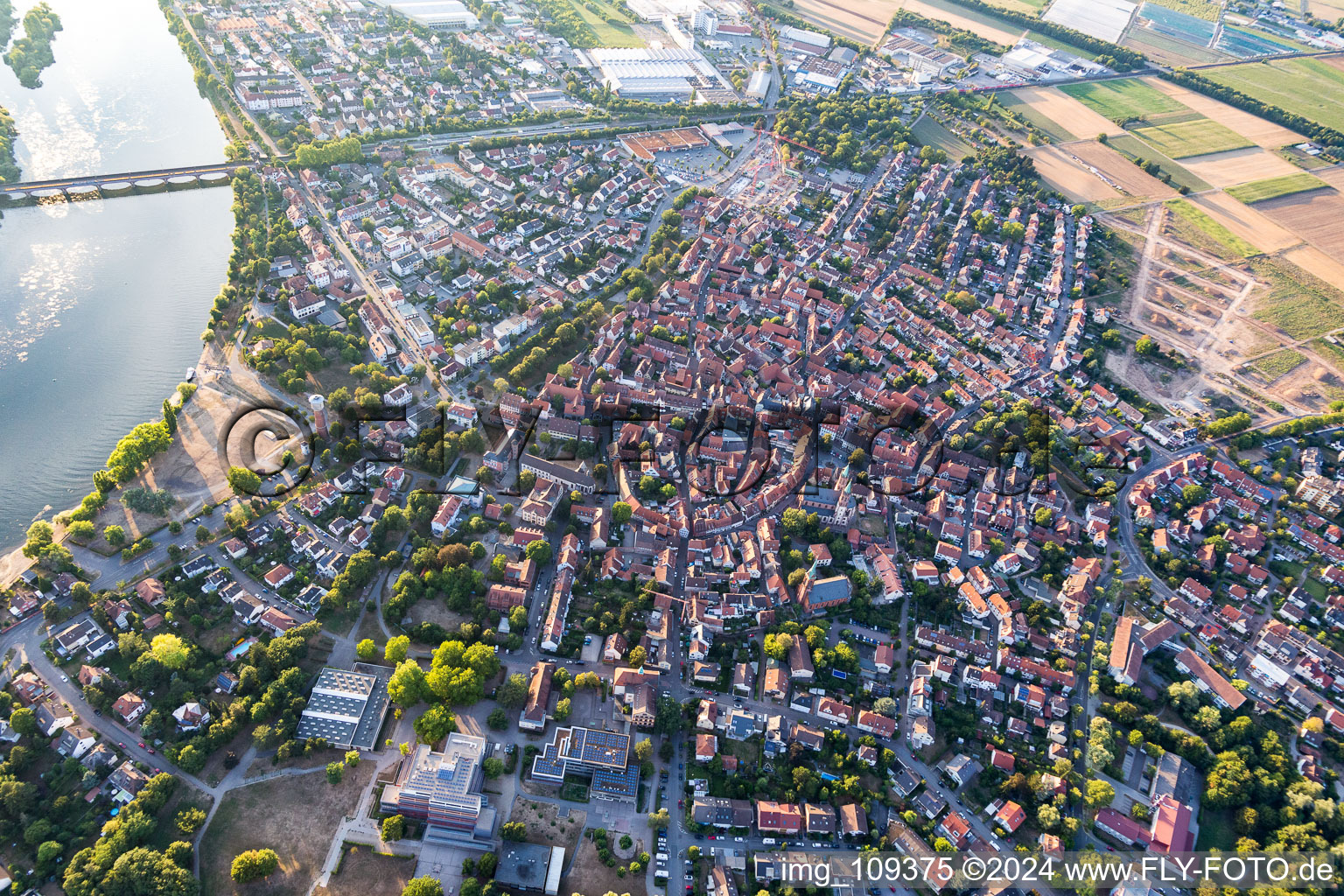 Aerial view of Old Town area and city center in Ladenburg in the state Baden-Wurttemberg, Germany