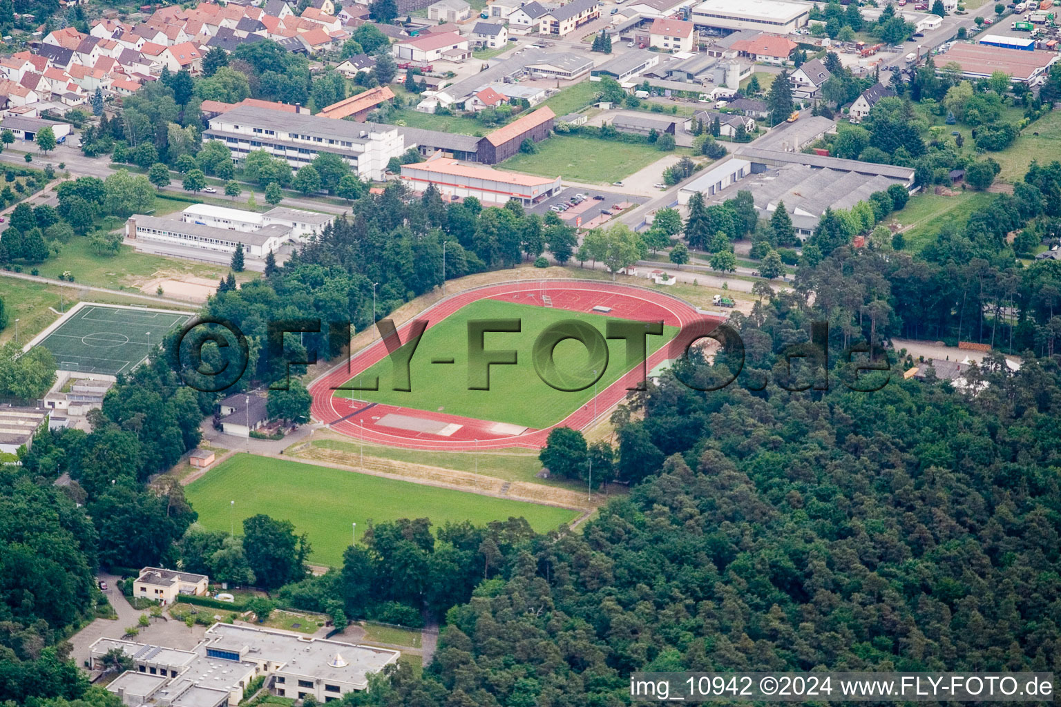 Aerial view of Football stadium in Rülzheim in the state Rhineland-Palatinate, Germany