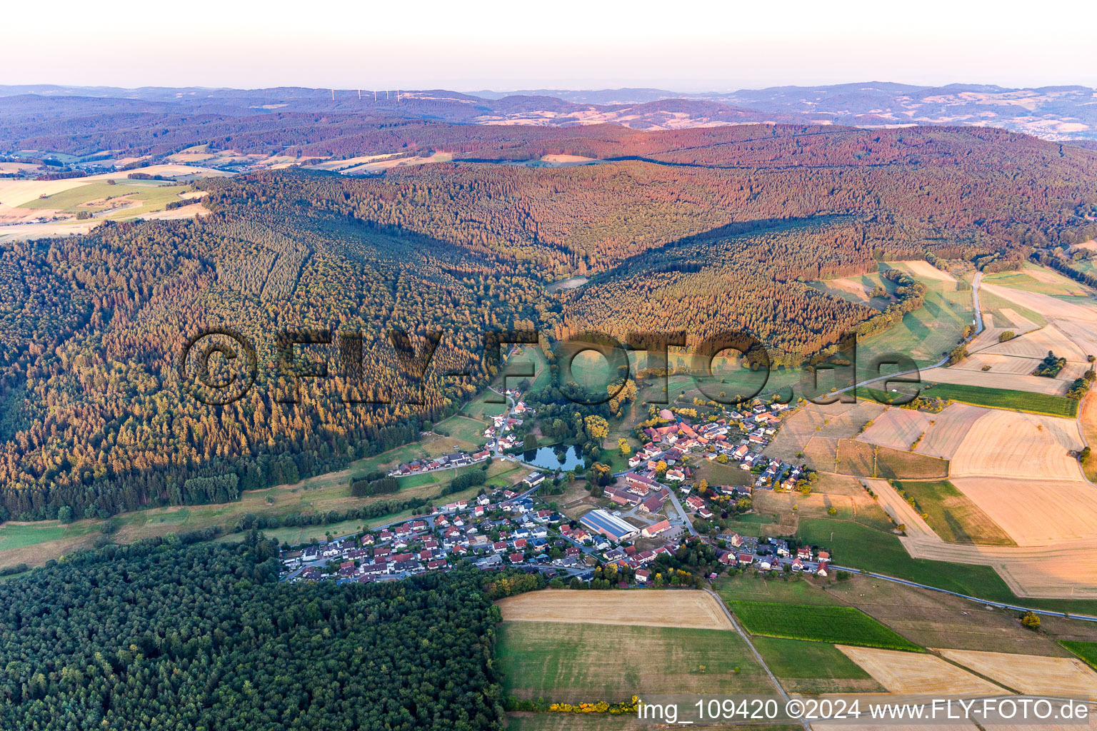 Village on the lake bank areas in Rehbach in the state Hesse, Germany